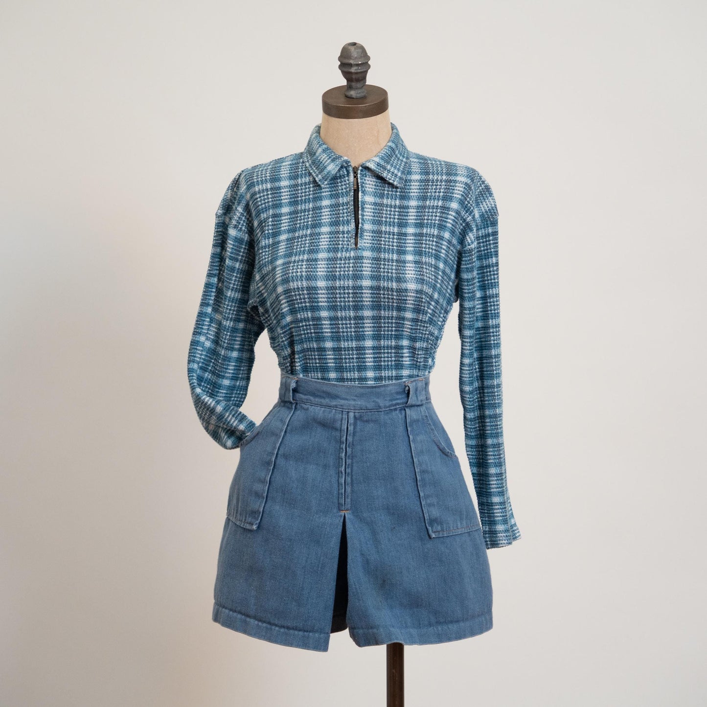 Vintage 90s Blue Plaid Waffle Knit Quarter Zip Shirt - Medium | Cotton Blend Long Sleeve Slouchy Grunge Top