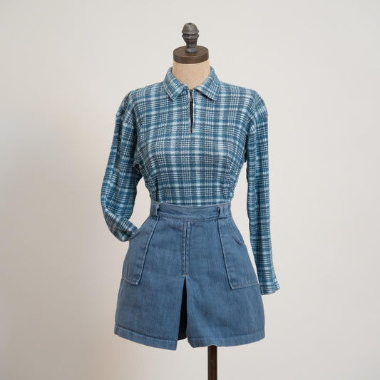 Vintage 90s Blue Plaid Waffle Knit Quarter Zip Shirt - Medium | Cotton Blend Long Sleeve Slouchy Grunge Top
