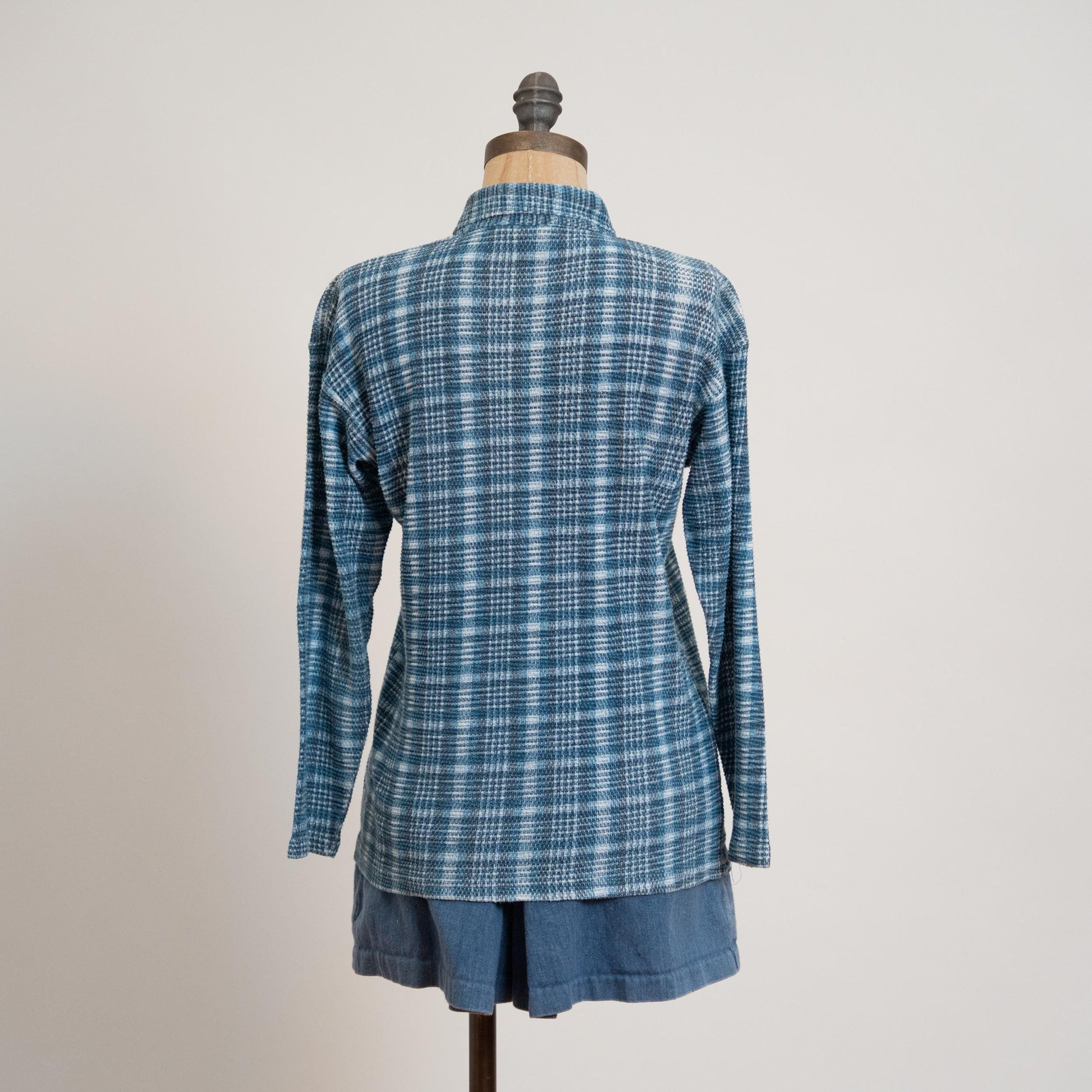 Vintage 90s Blue Plaid Waffle Knit Quarter Zip Shirt - Medium | Cotton Blend Long Sleeve Slouchy Grunge Top