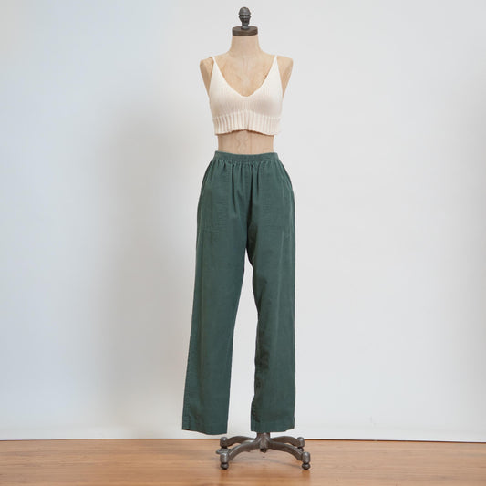 Vintage 80s Sage Green Cotton Corduroy Lounge Pants - Medium | Elastic Waist Casual Trousers