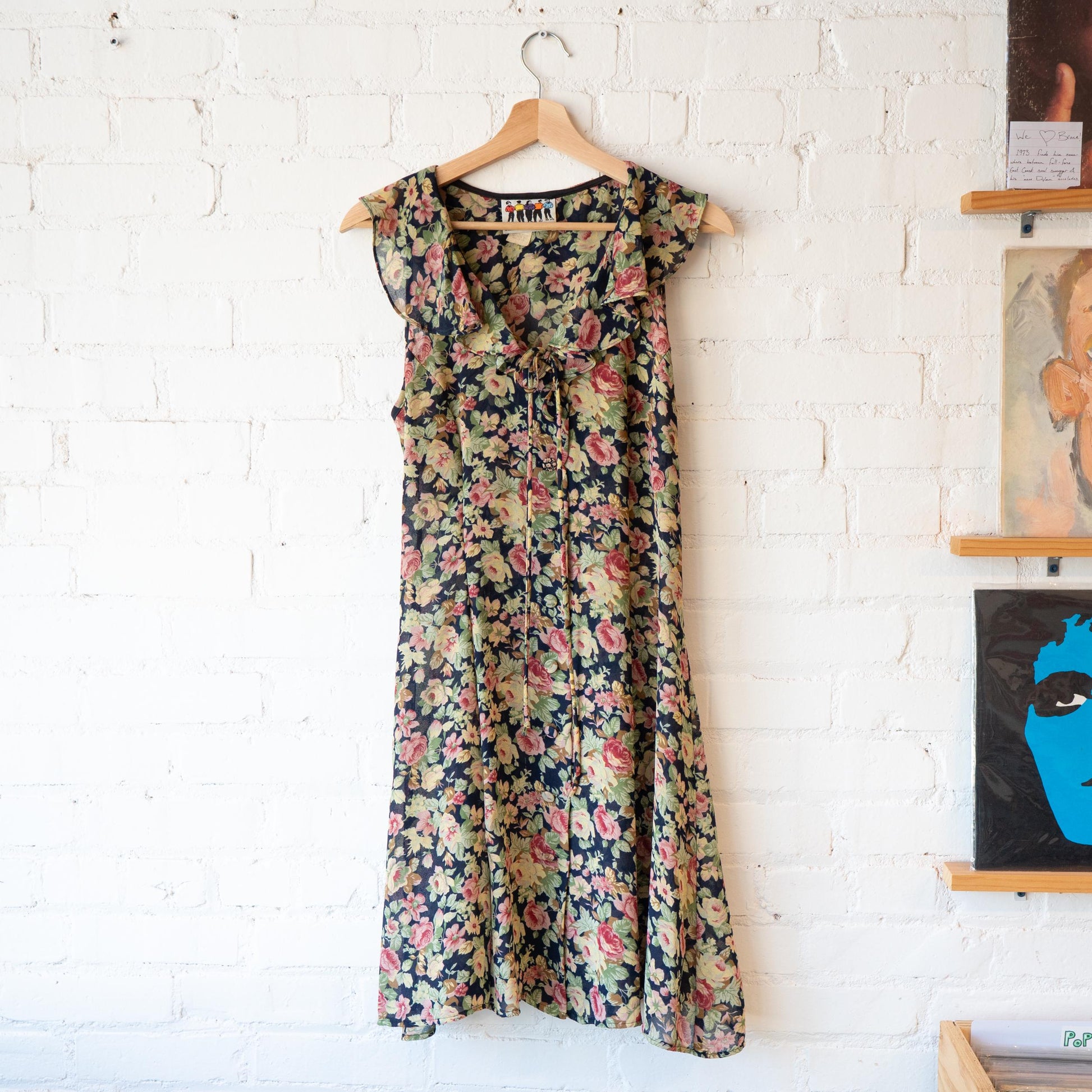 Vintage 90s Grunge Sheer Floral Ruffle Collar Dress