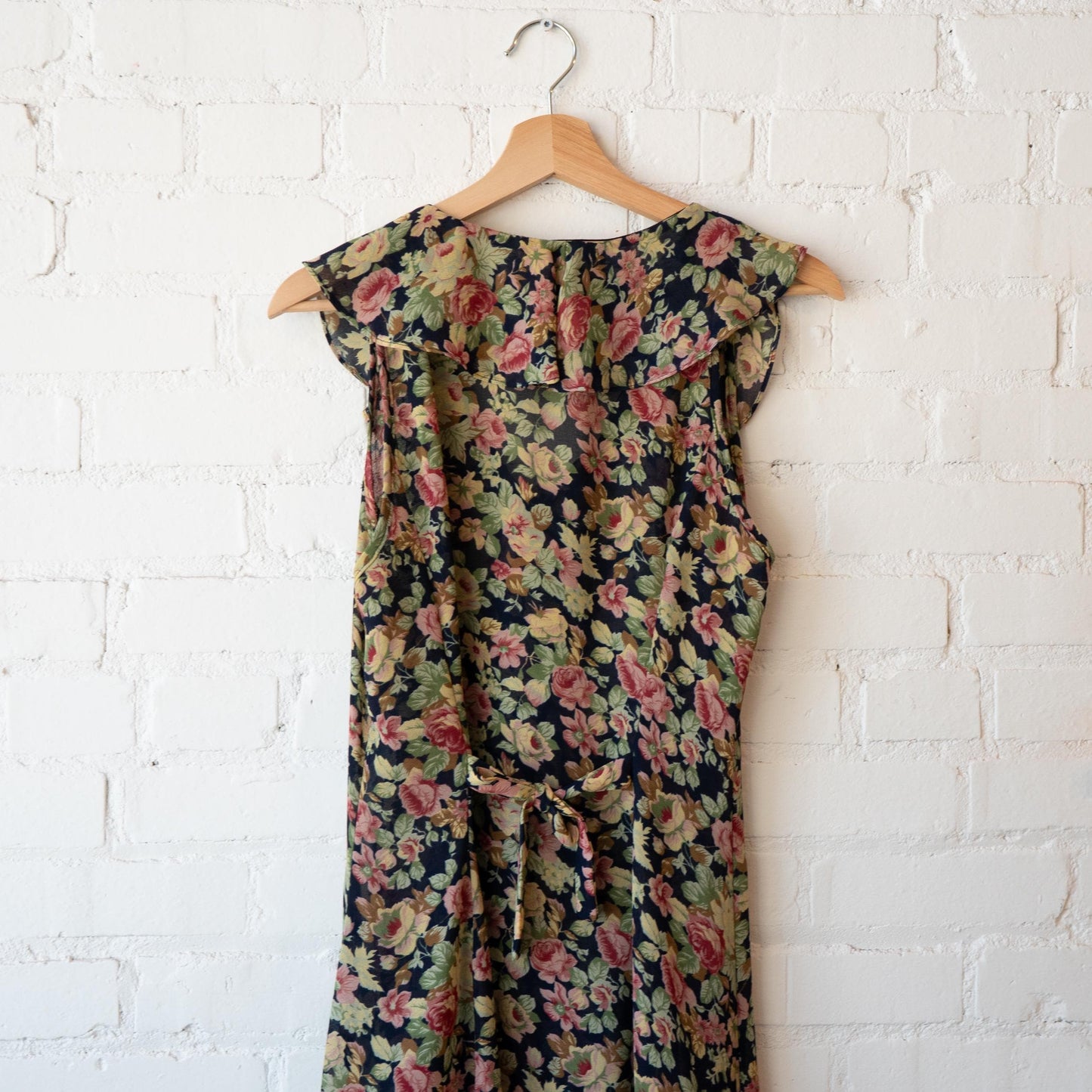Vintage 90s Grunge Sheer Floral Ruffle Collar Dress - Medium to Large | Green Pink Sleeveless Sundress