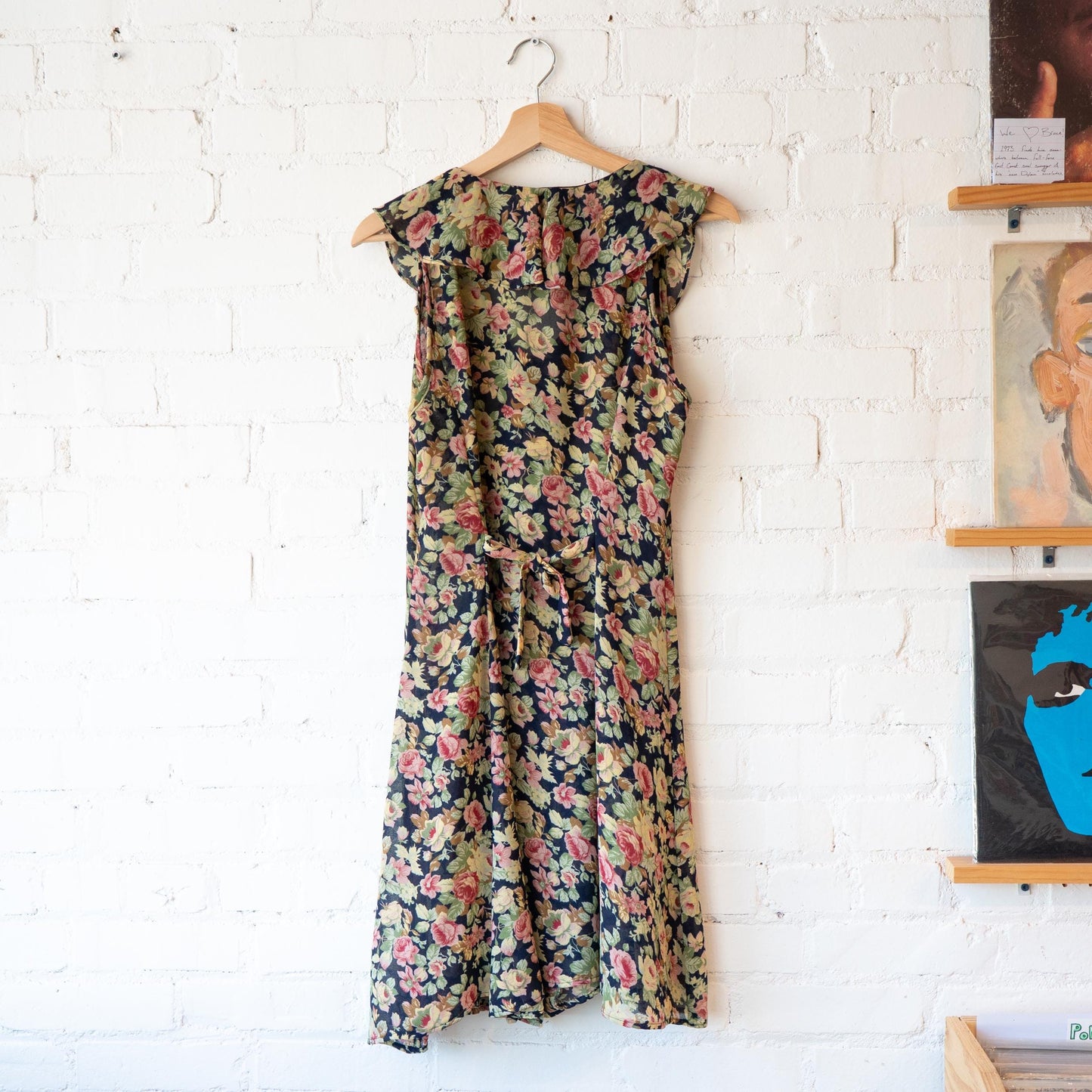 Vintage 90s Grunge Sheer Floral Ruffle Collar Dress - Medium to Large | Green Pink Sleeveless Sundress