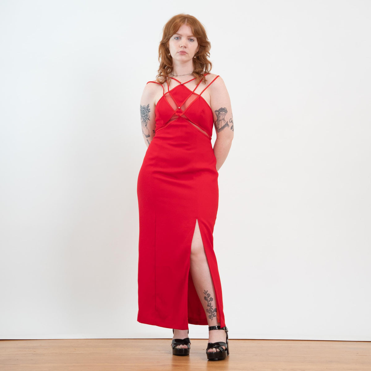 Vintage 90s Red Sheer Panel High Slit Maxi Dress - Large