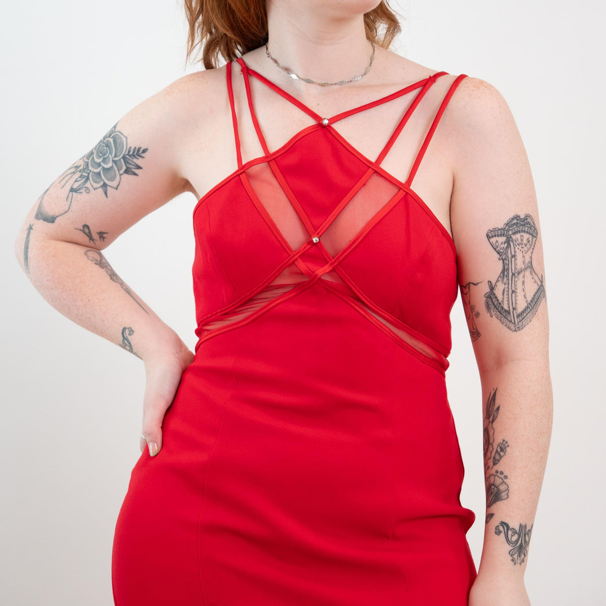 Vintage 90s Red Sheer Panel High Slit Maxi Dress - Large
