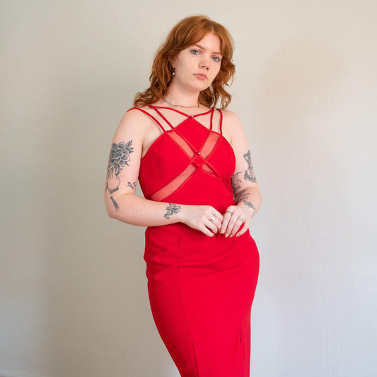 Vintage 90s Red Sheer Panel High Slit Maxi Dress - Large