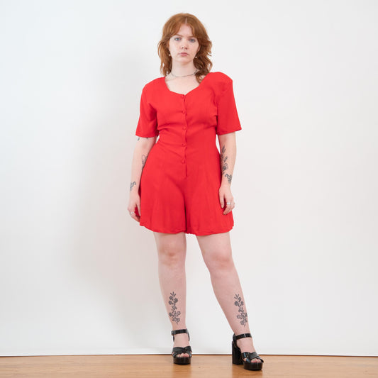 Vintage 90s Coral Red Tie Back Romper - Large