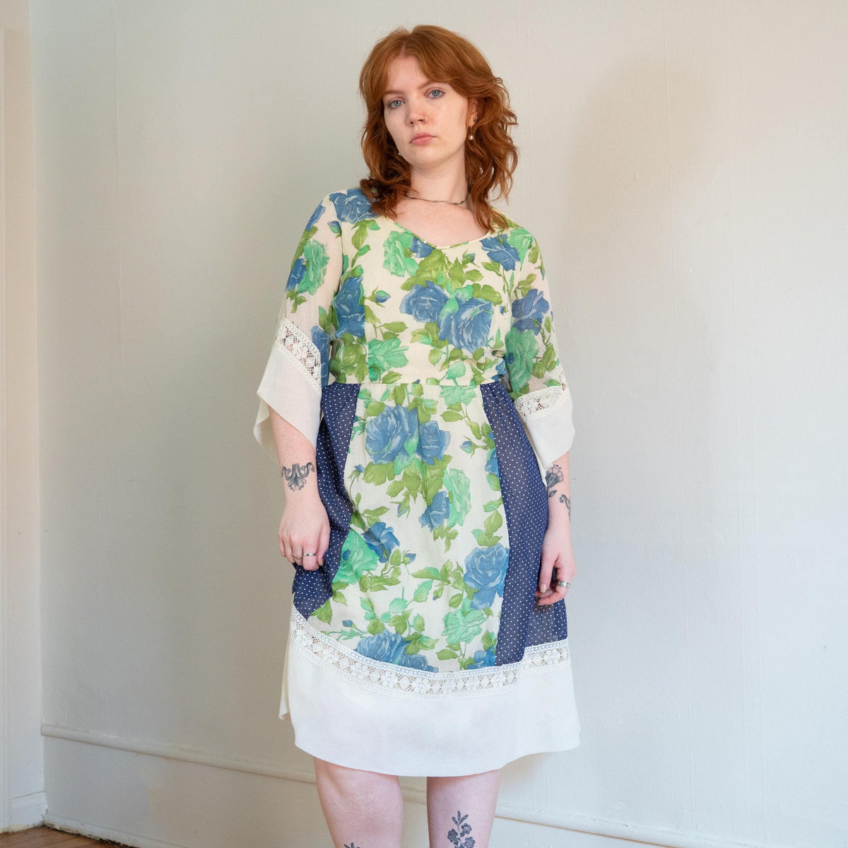 Vintage 70s Floral Patchwork Angel Sleeve Prairie Dress - Medium 