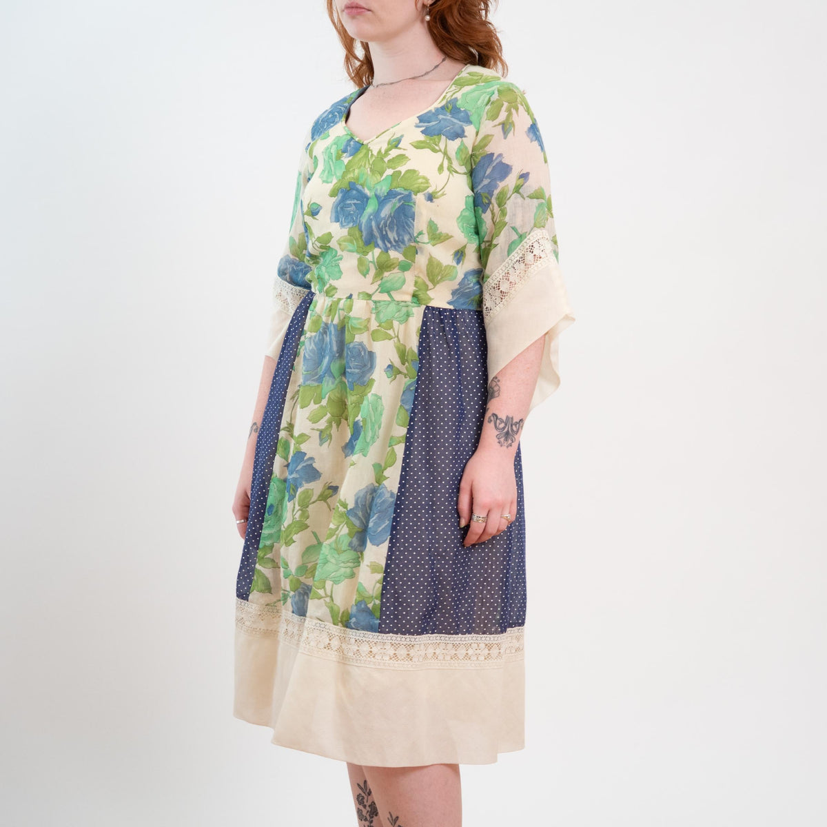 Vintage 70s Floral Patchwork Angel Sleeve Prairie Dress - Medium 