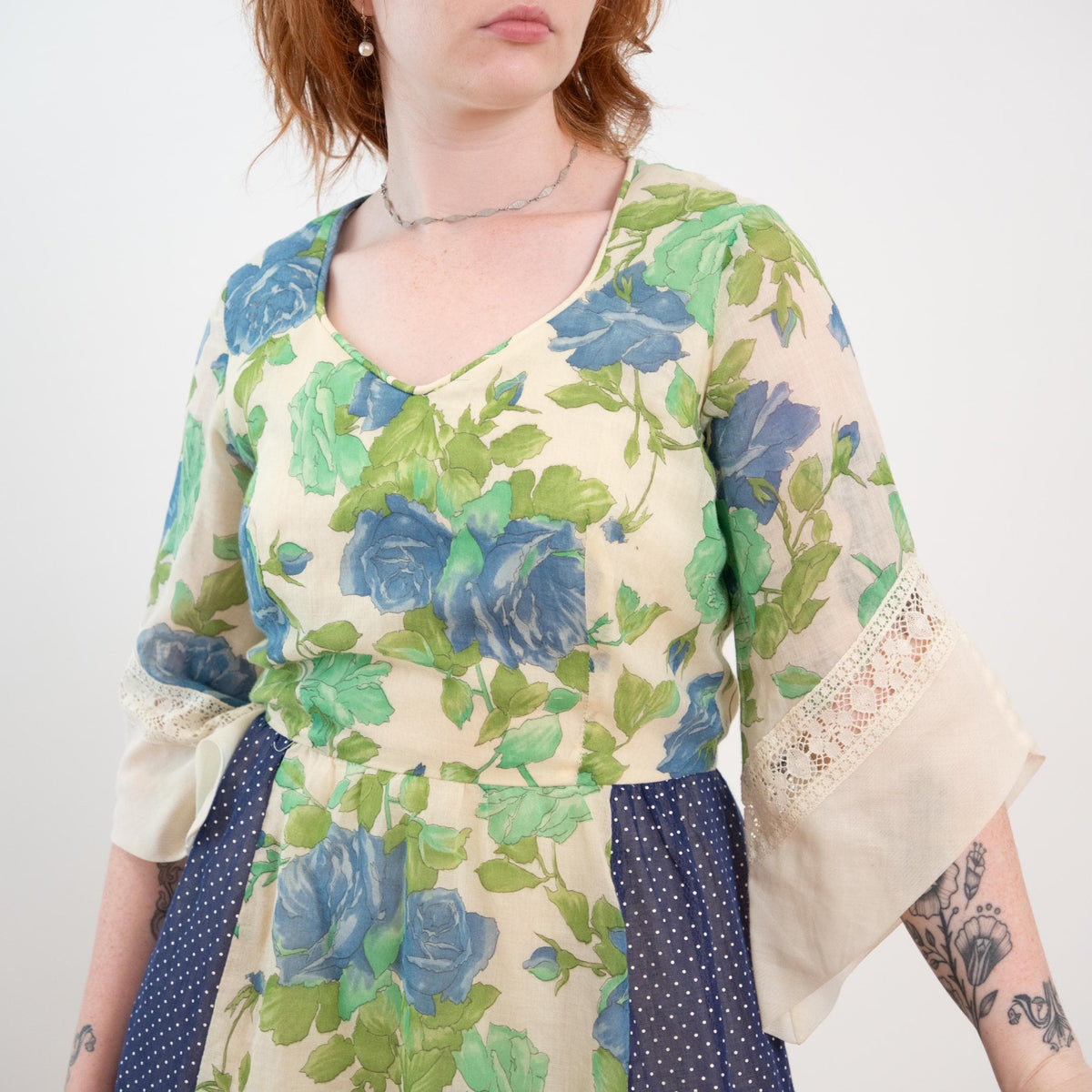 Vintage 70s Floral Patchwork Angel Sleeve Prairie Dress - Medium 
