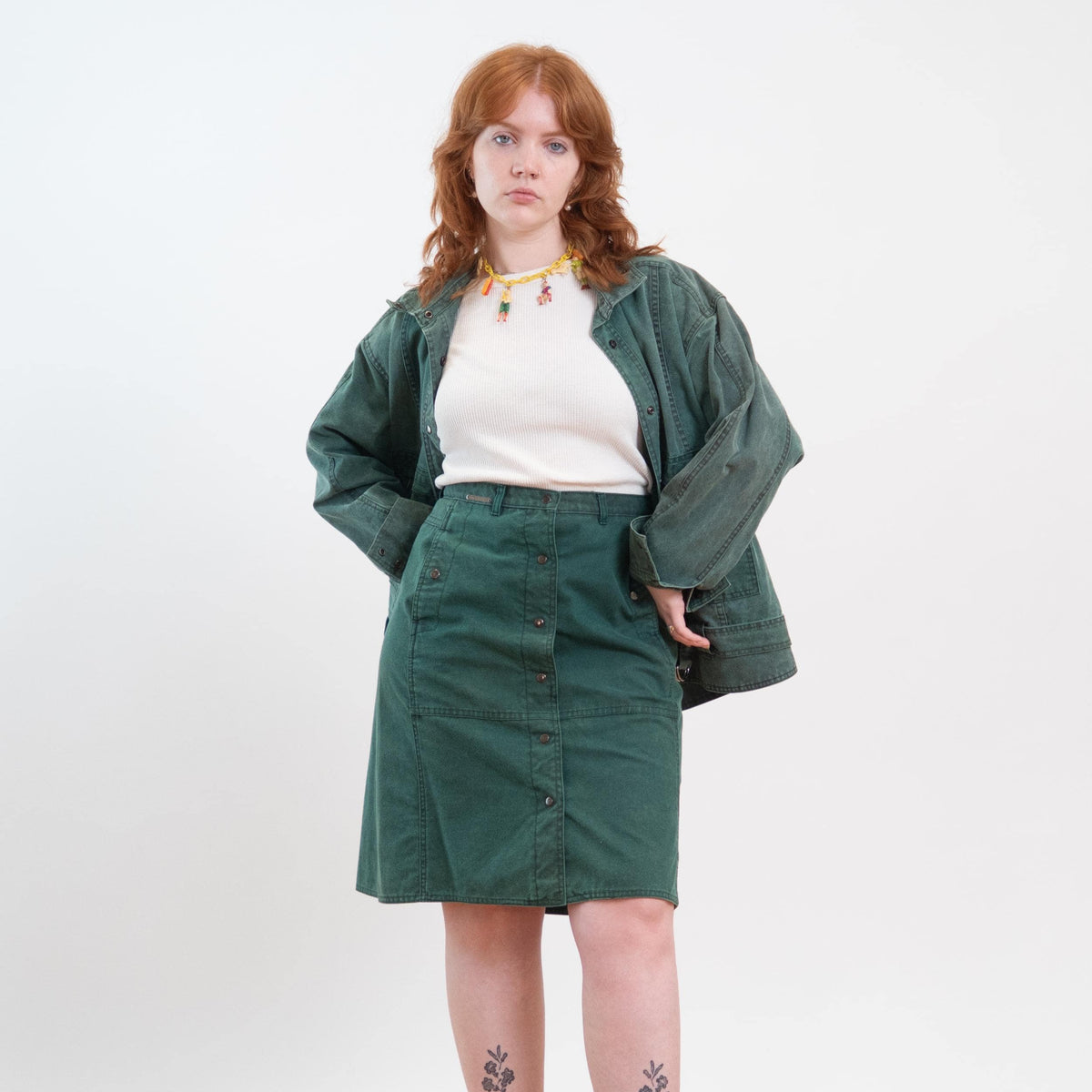 Vintage 80s Green Jean Jacket & Skirt Set - Medium to Large