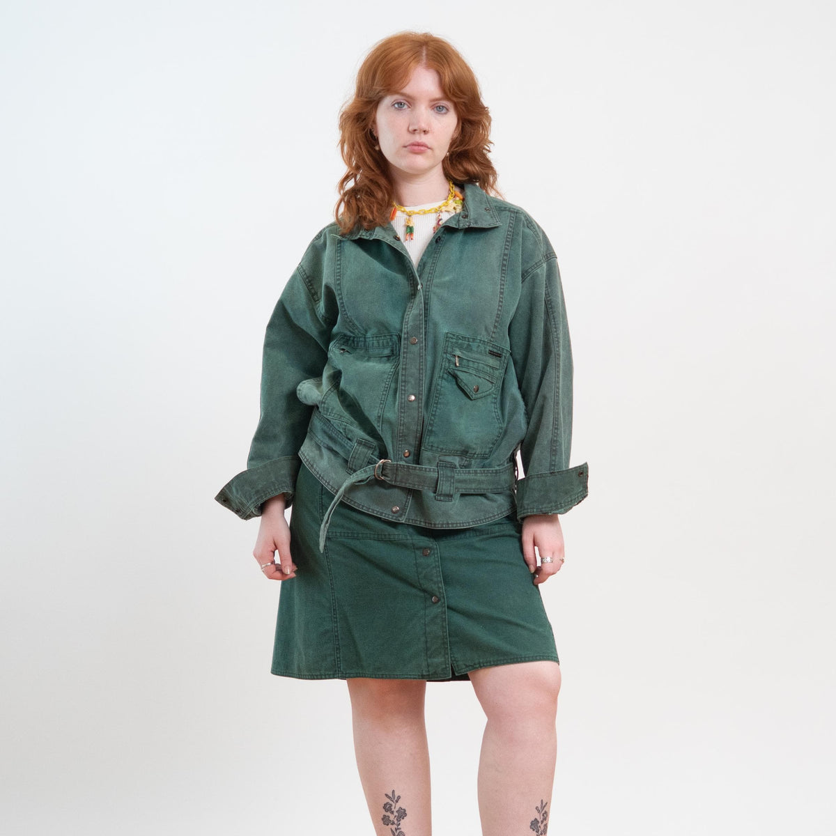 Vintage 80s Green Jean Jacket & Skirt Set - Medium to Large