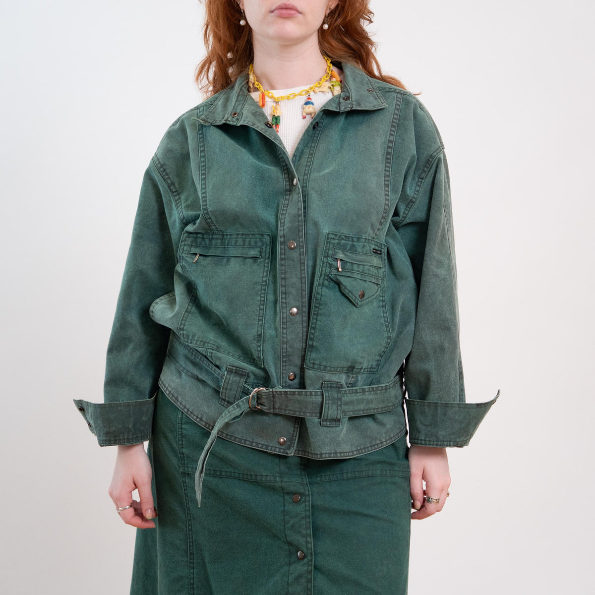 Vintage 80s Green Jean Jacket & Skirt Set - Medium to Large