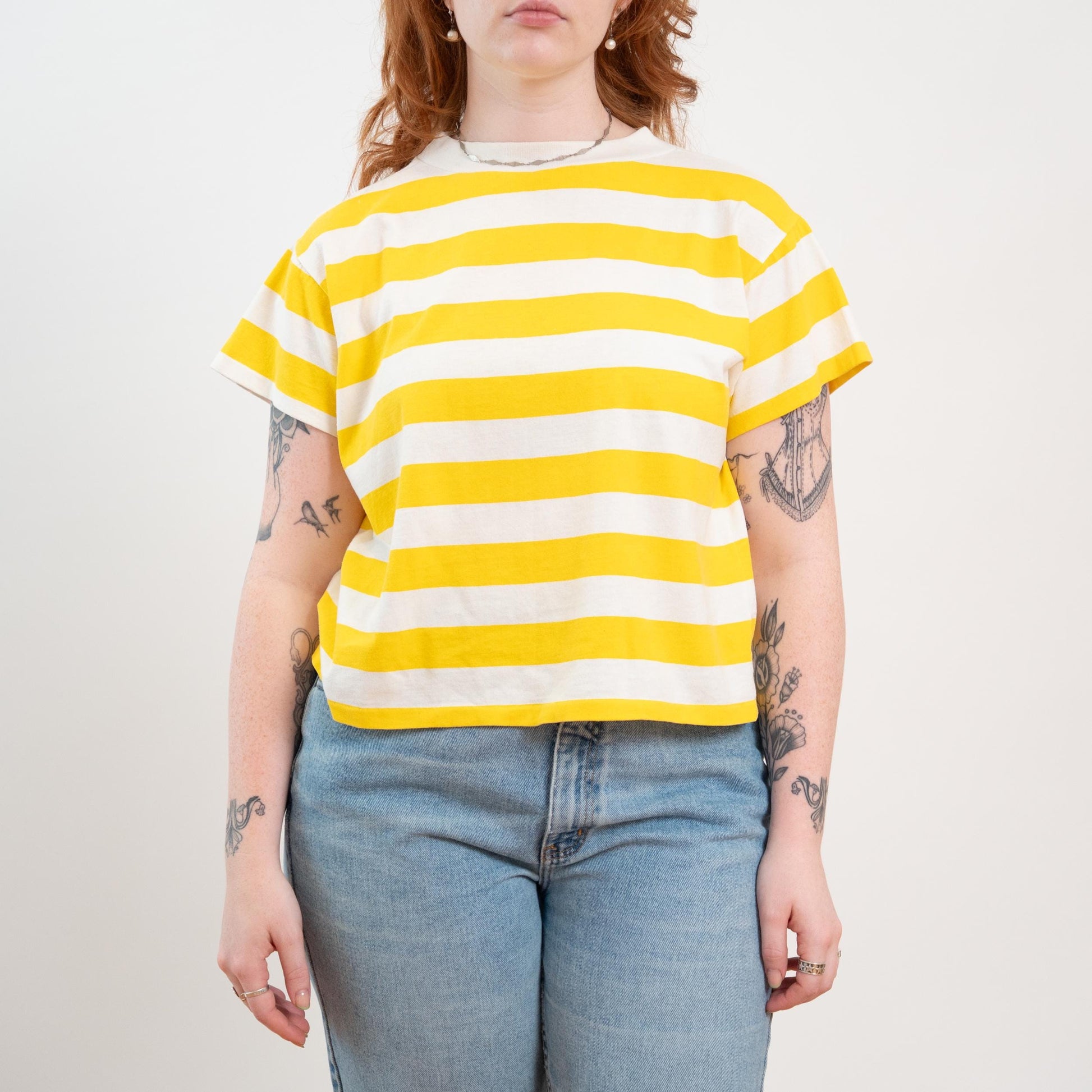 80s 90s Yellow & White Striped Boxy Crop Tee - Large 