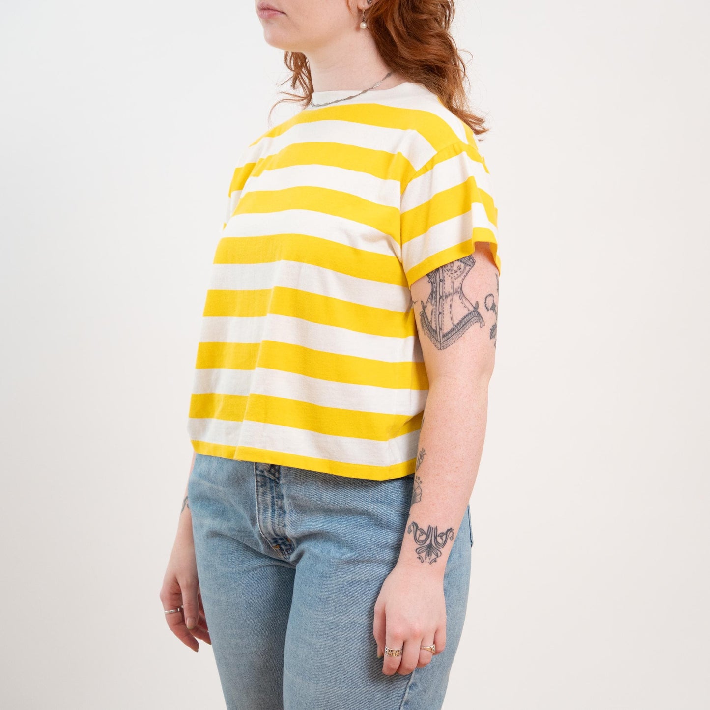 80s 90s Yellow & White Striped Boxy Crop Tee - Large 