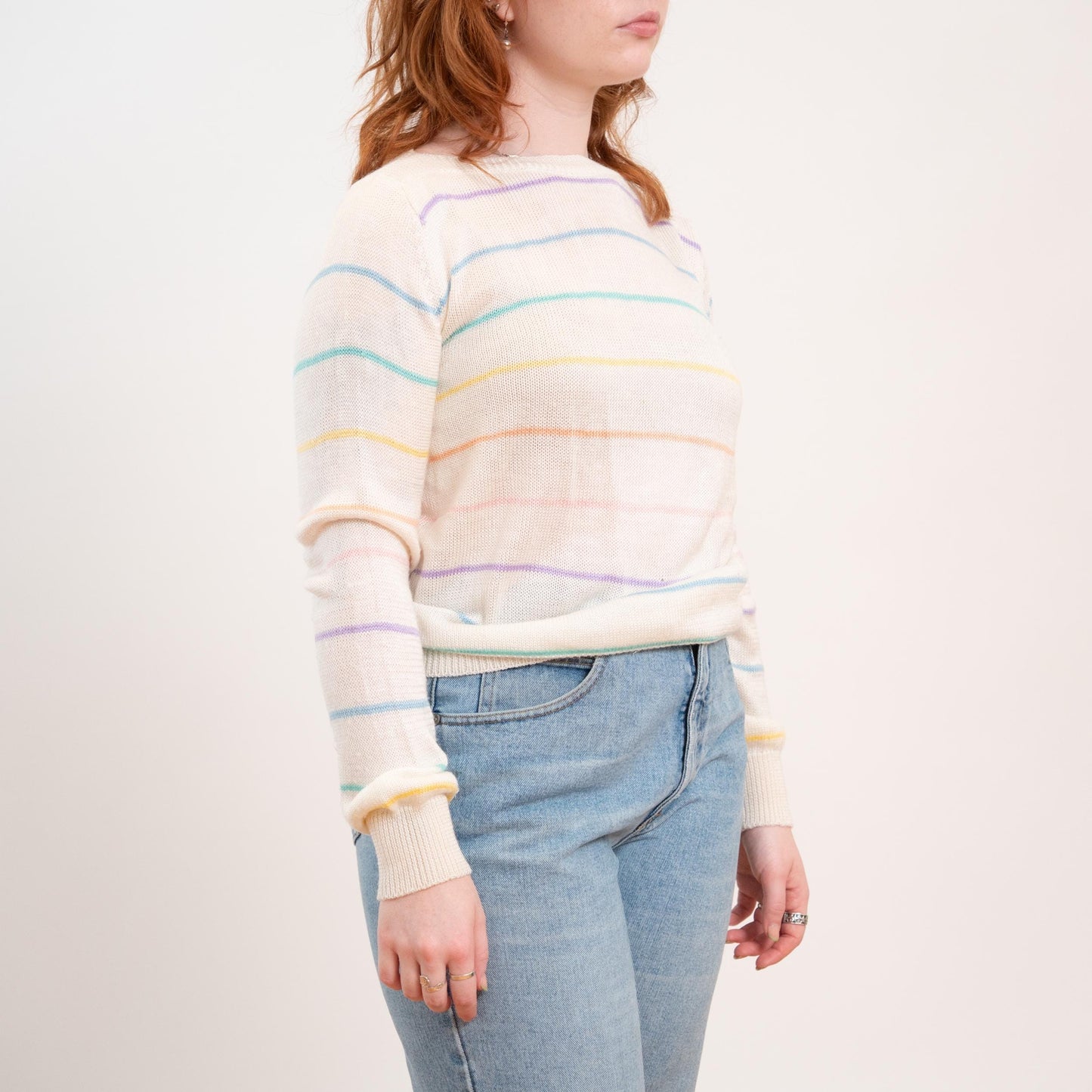 Vintage 80s Pastel Rainbow Striped Boatneck Sweater - Large