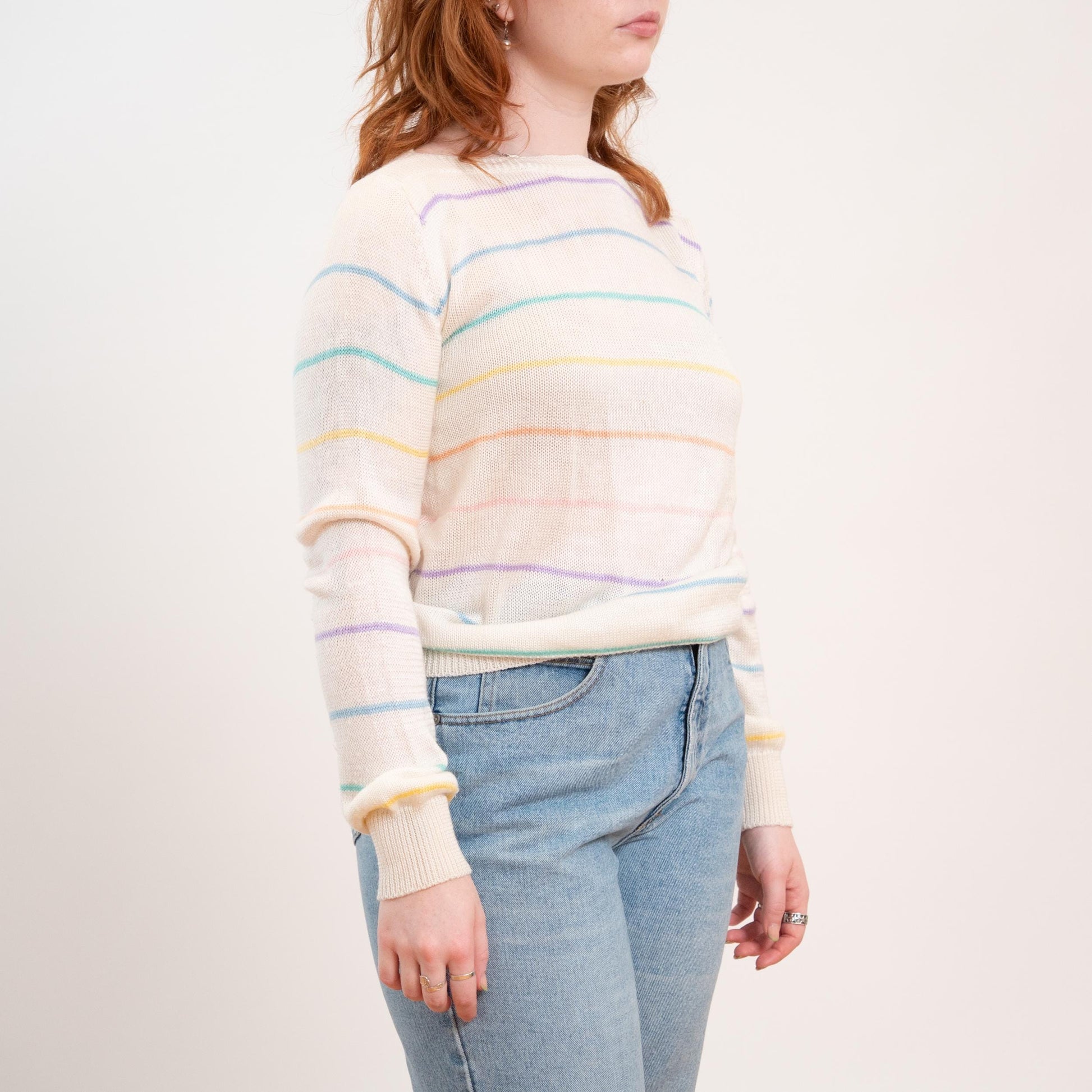 Vintage 80s Pastel Rainbow Striped Boatneck Sweater - Large