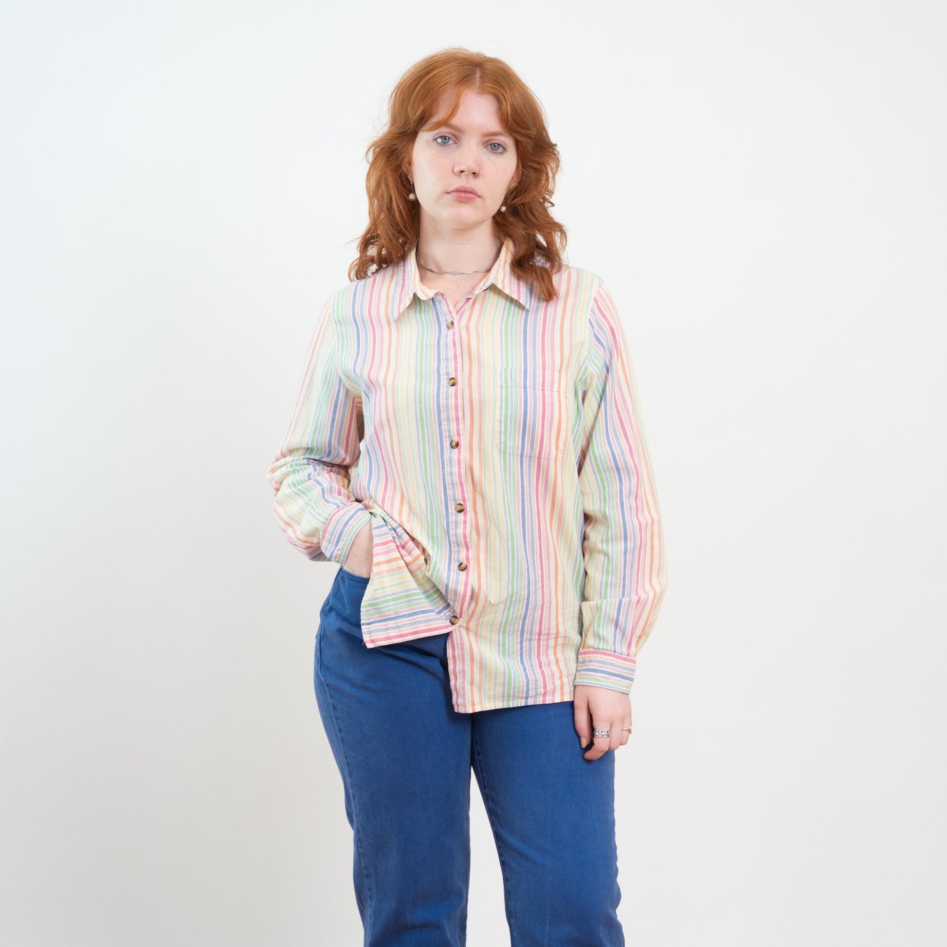 Vintage 90s Rainbow Striped Button Up Shirt - Large