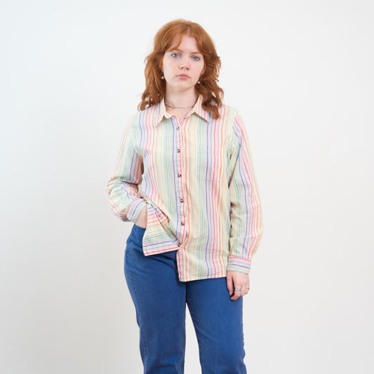 Vintage 90s Rainbow Striped Button Up Shirt - Large