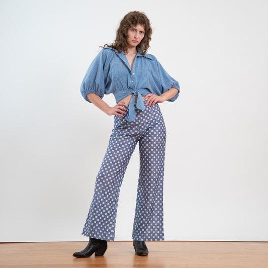 Vintage 70s Blue & White Checkerboard Print Flared Pants - Medium