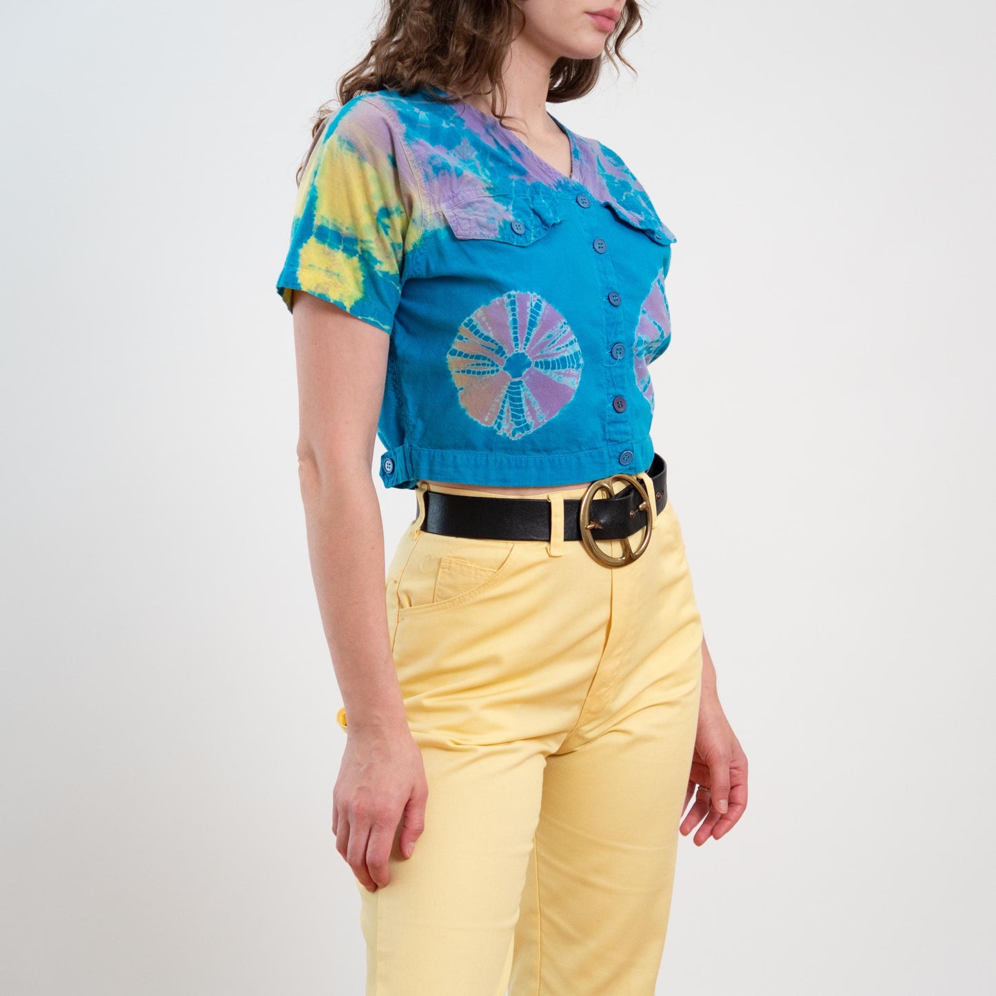 Vintage 80s Blue Tie Dye Crop Top - Small