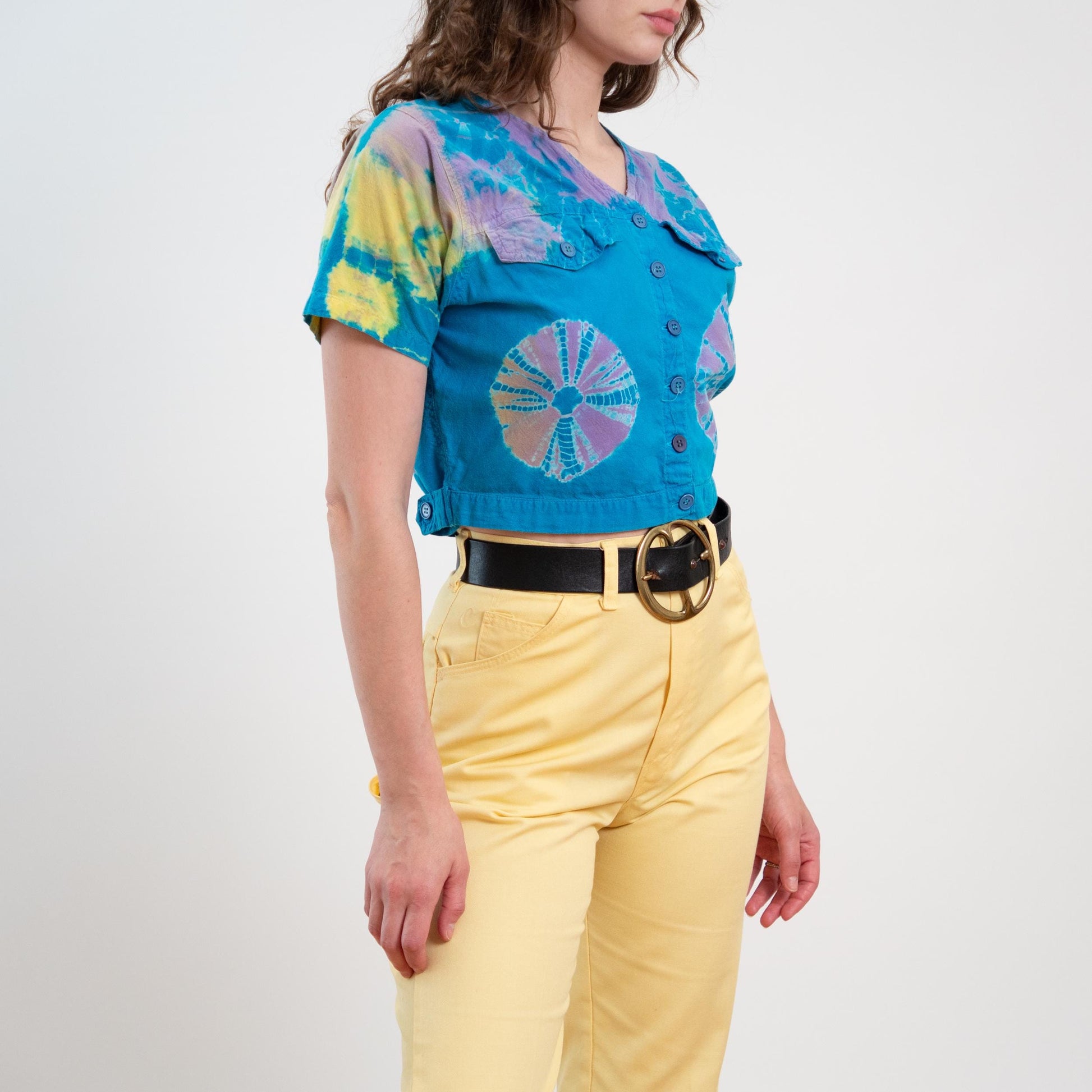 Vintage 80s Blue Tie Dye Crop Top - Small