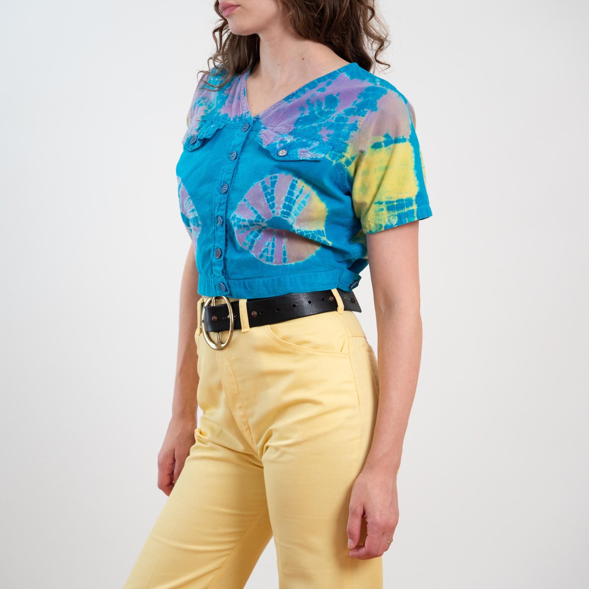 Vintage 80s Blue Tie Dye Crop Top - Small
