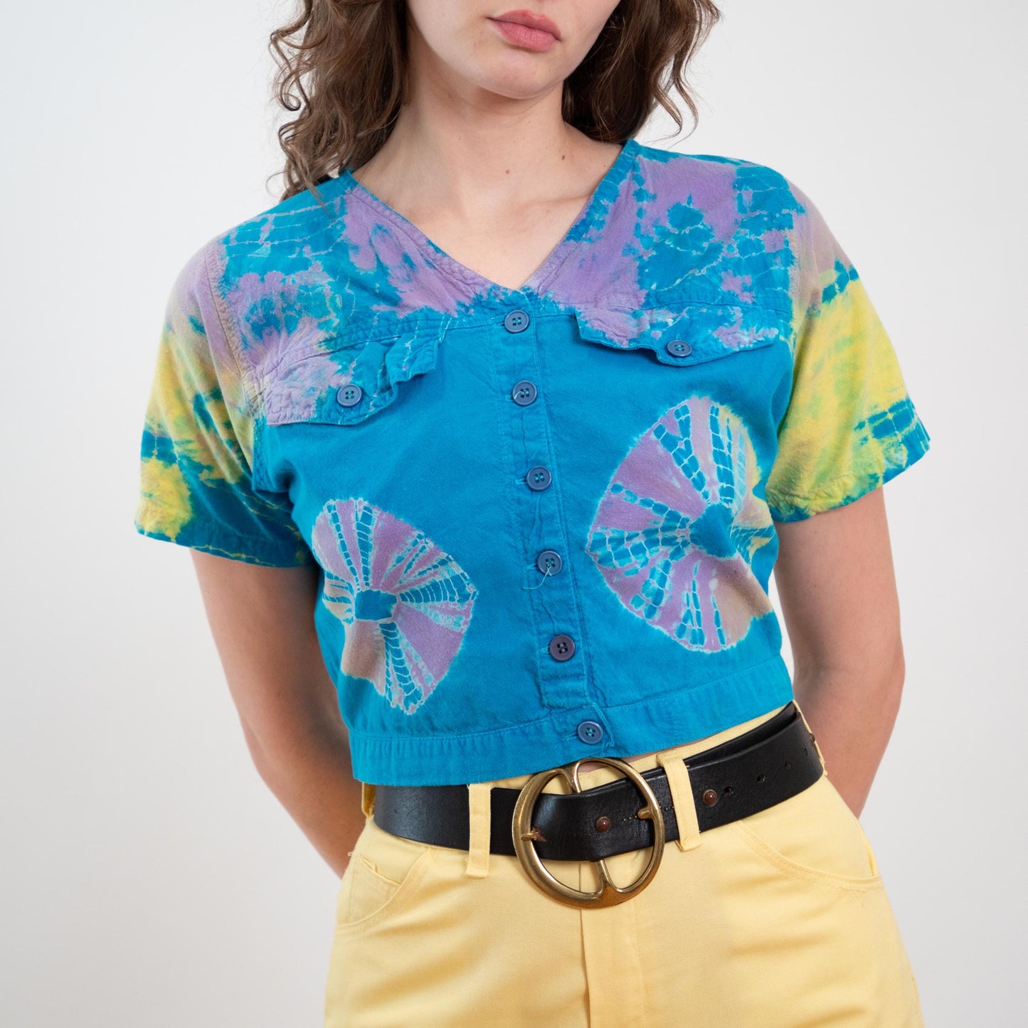 Vintage 80s Blue Tie Dye Crop Top - Small