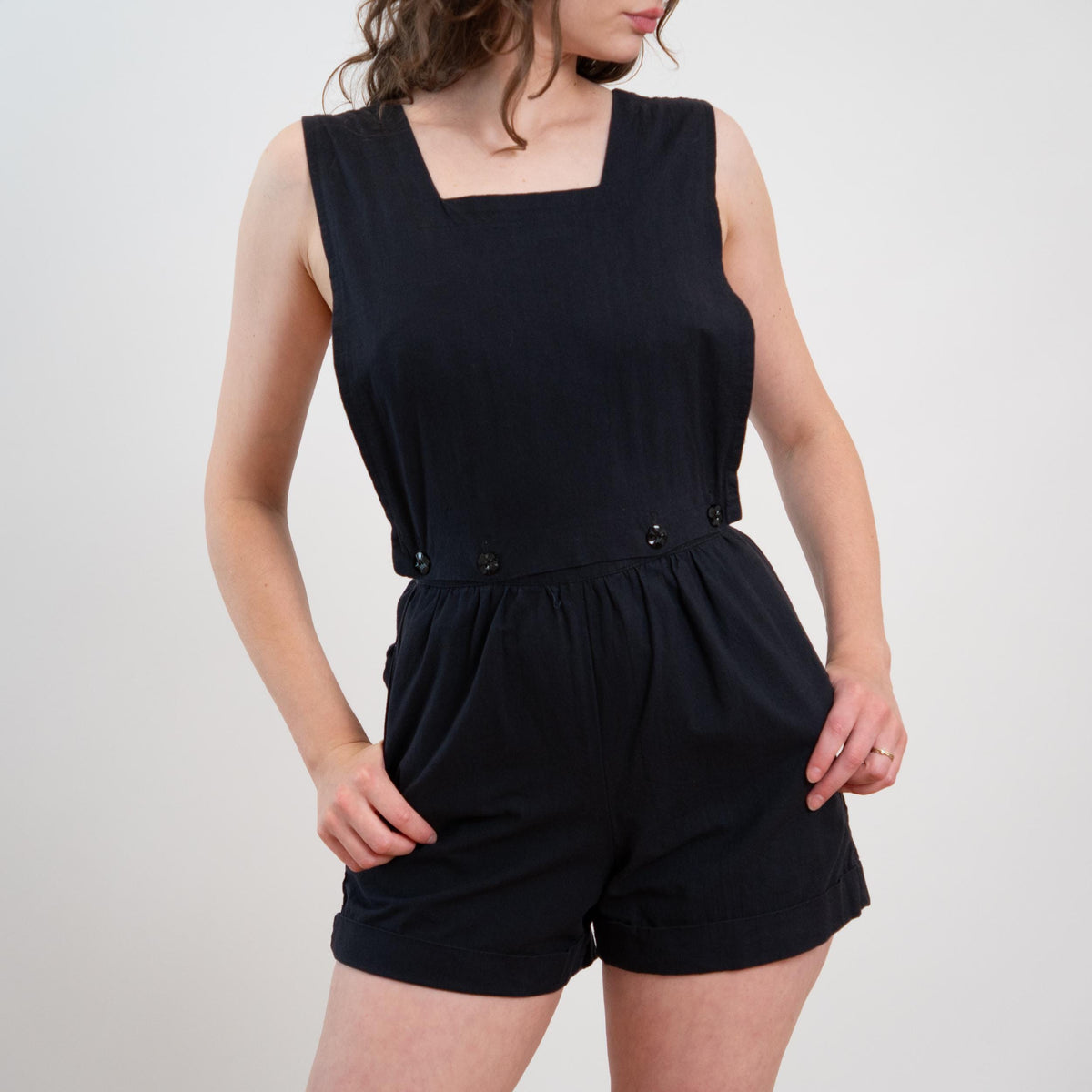 Vintage 80s Black Pinafore Low Back Romper - Small 