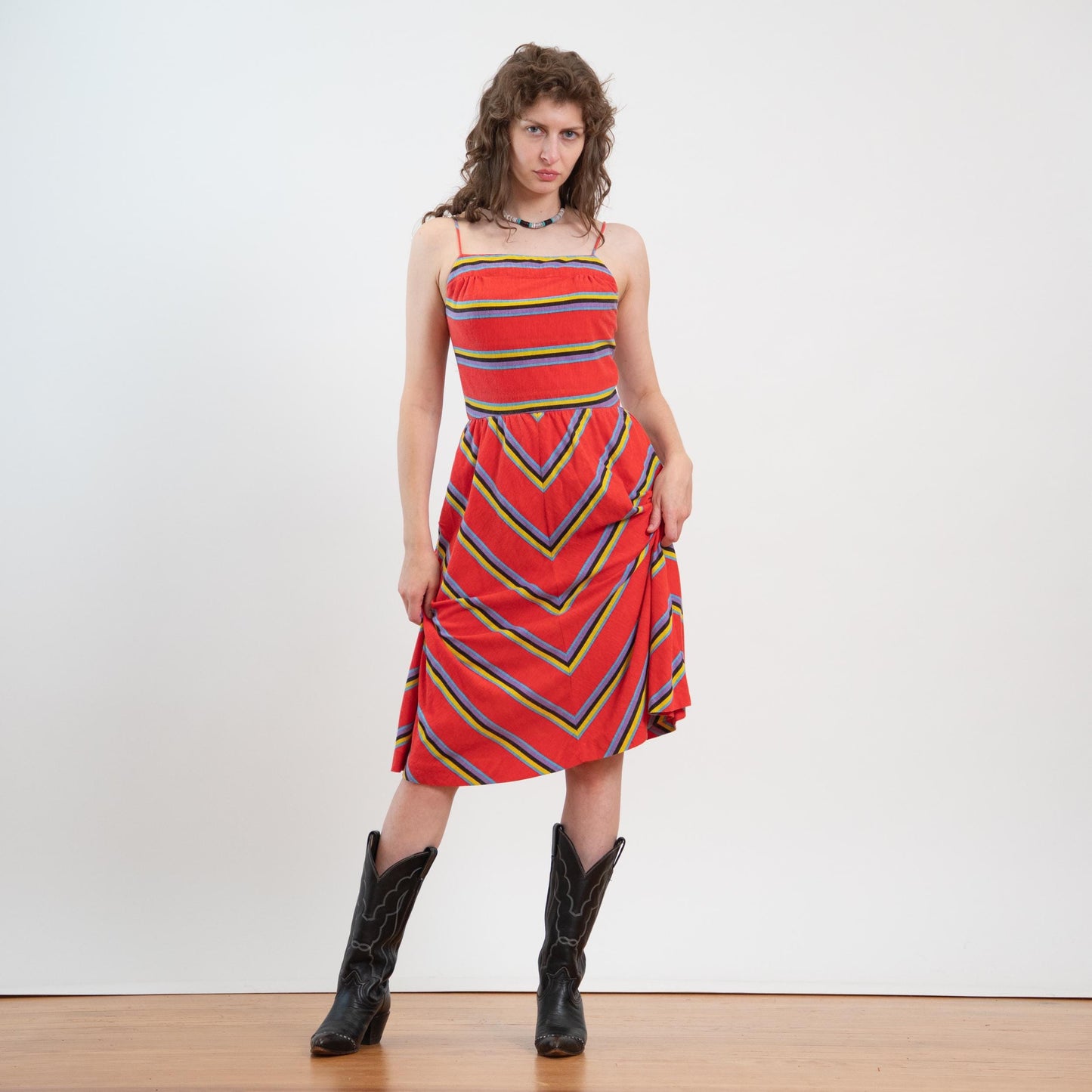 Vintage 70s Red Chevron Striped Low Back Sundress - Medium