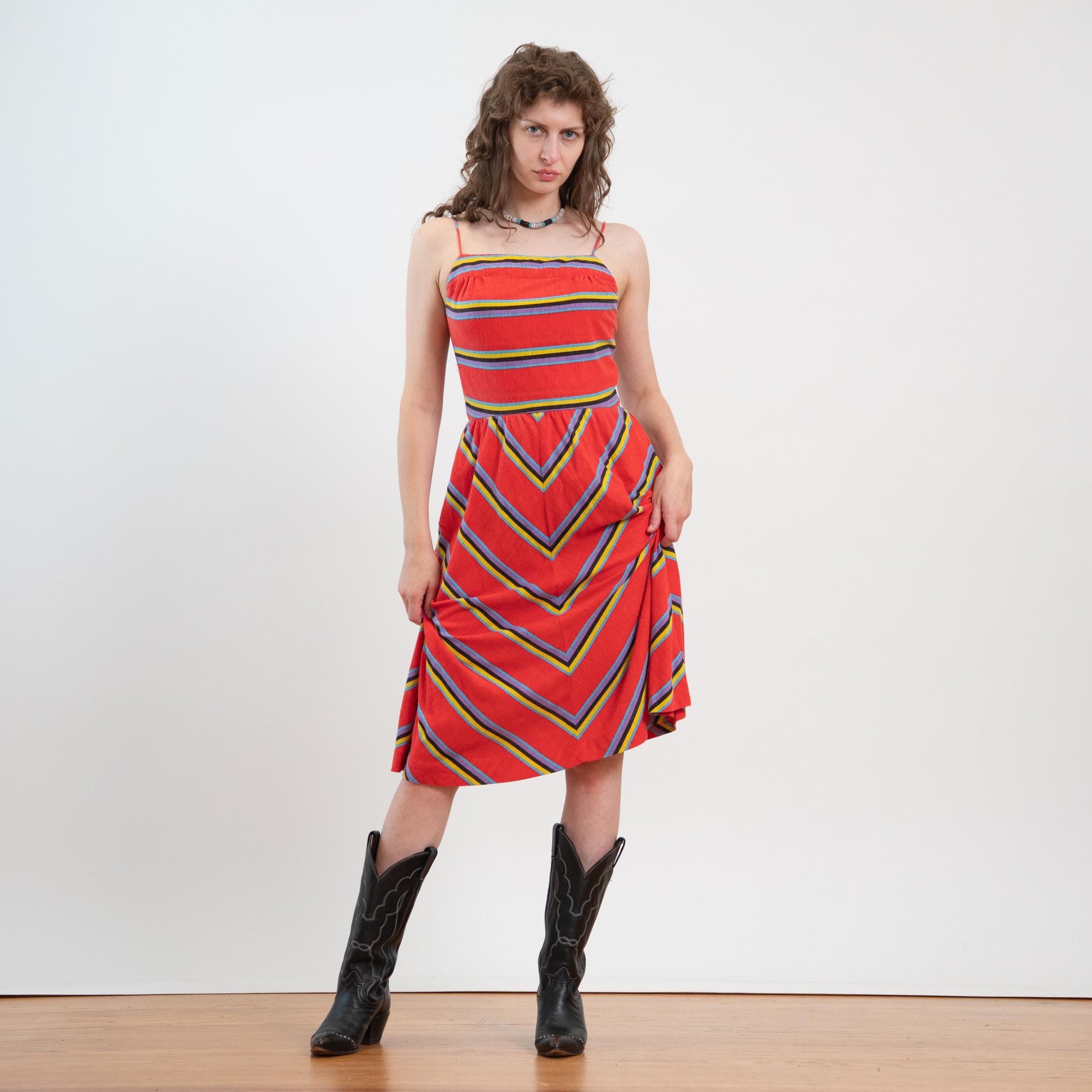 Vintage 70s Red Chevron Striped Low Back Sundress - Medium