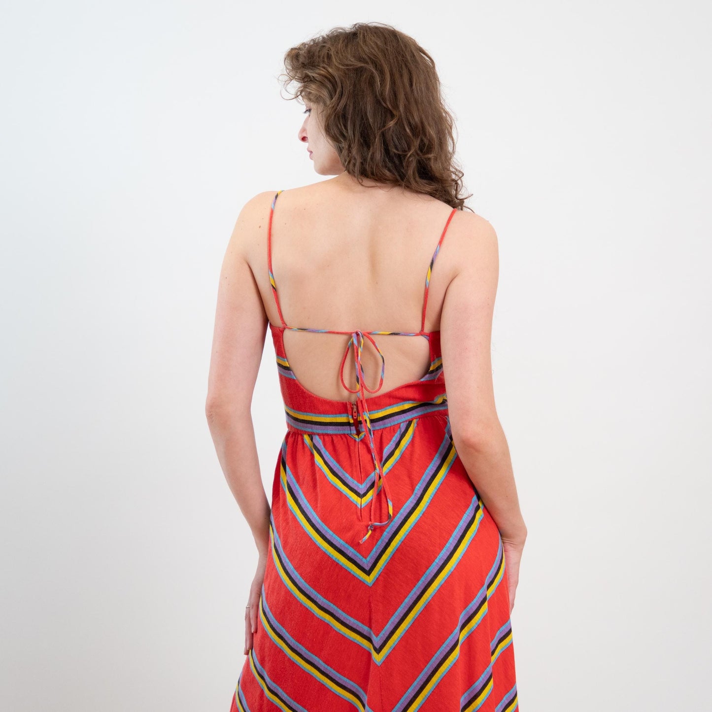 Vintage 70s Red Chevron Striped Low Back Sundress - Medium