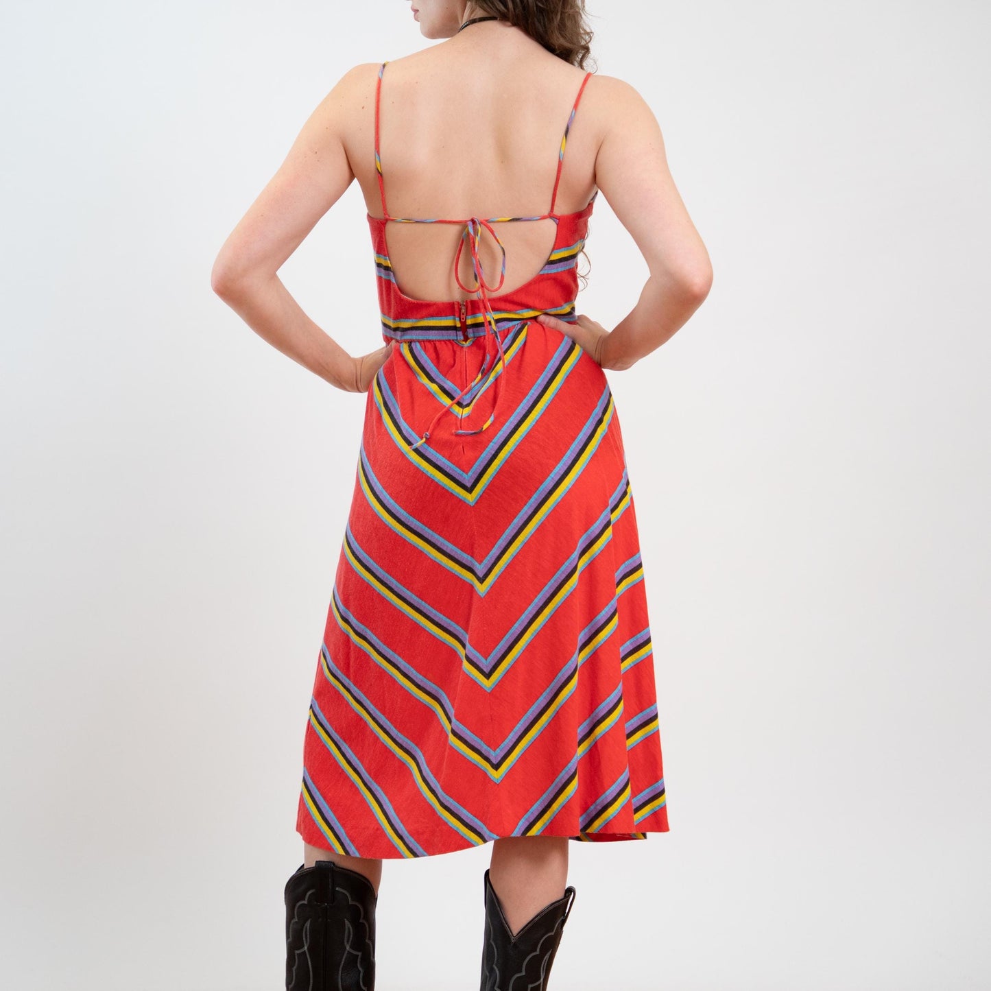 Vintage 70s Red Chevron Striped Low Back Sundress - Medium