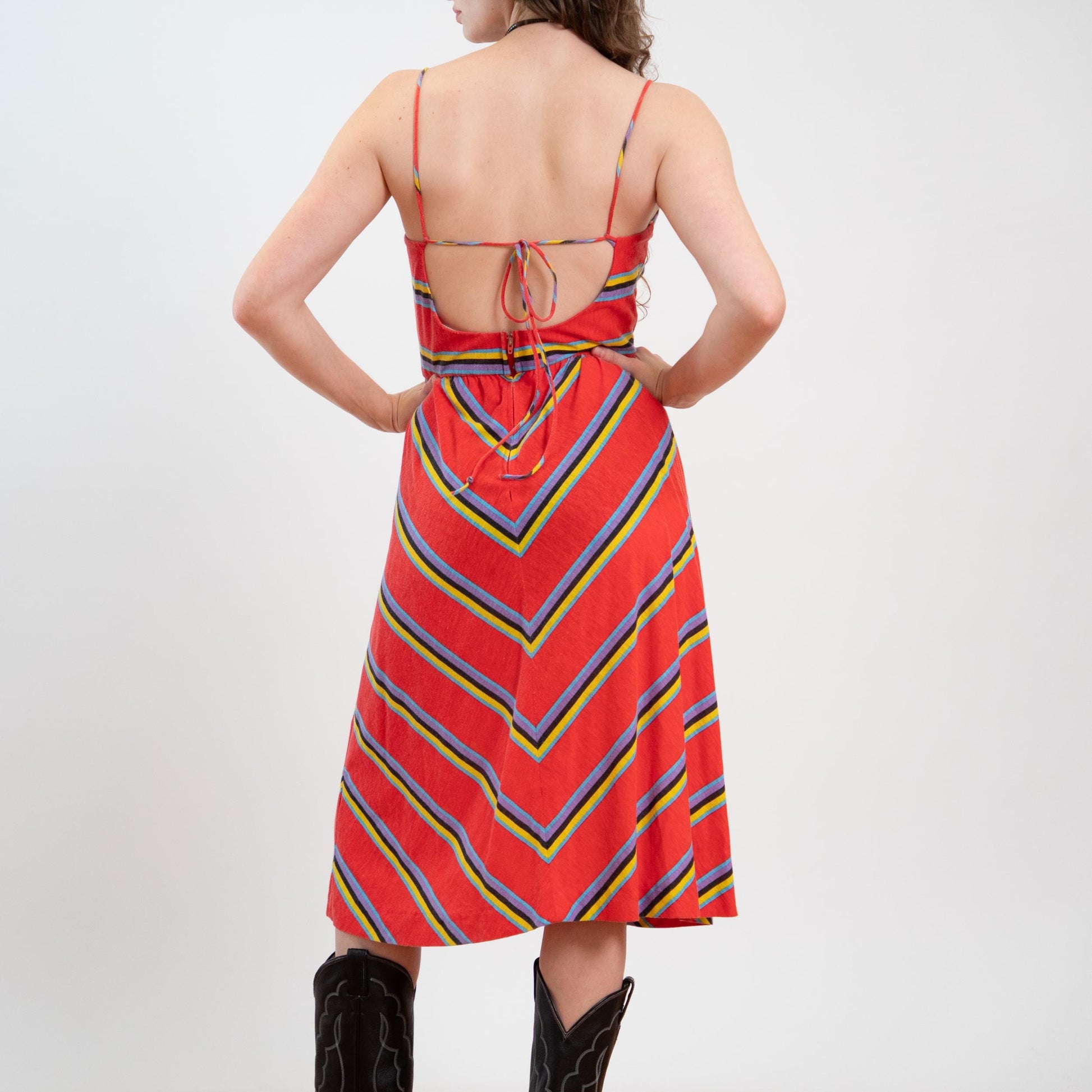 Vintage 70s Red Chevron Striped Low Back Sundress - Medium