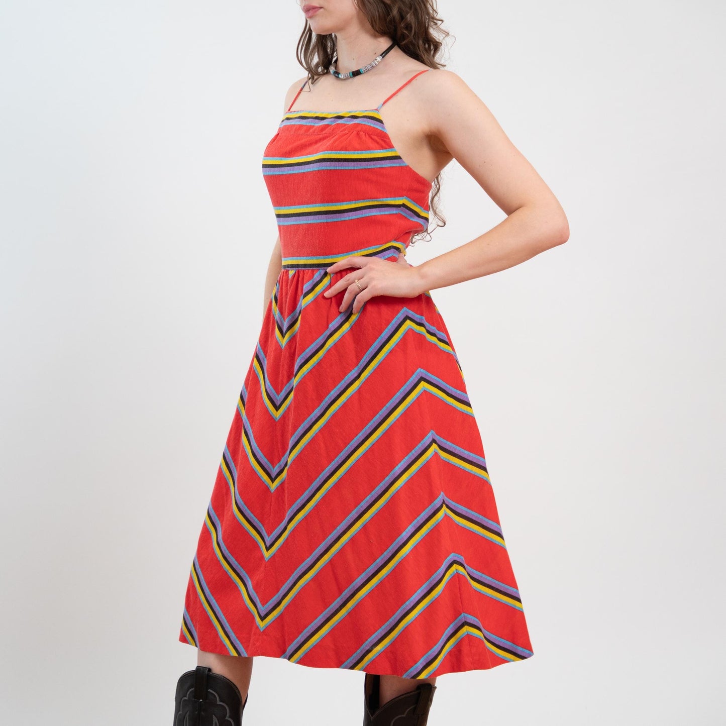 Vintage 70s Red Chevron Striped Low Back Sundress - Medium