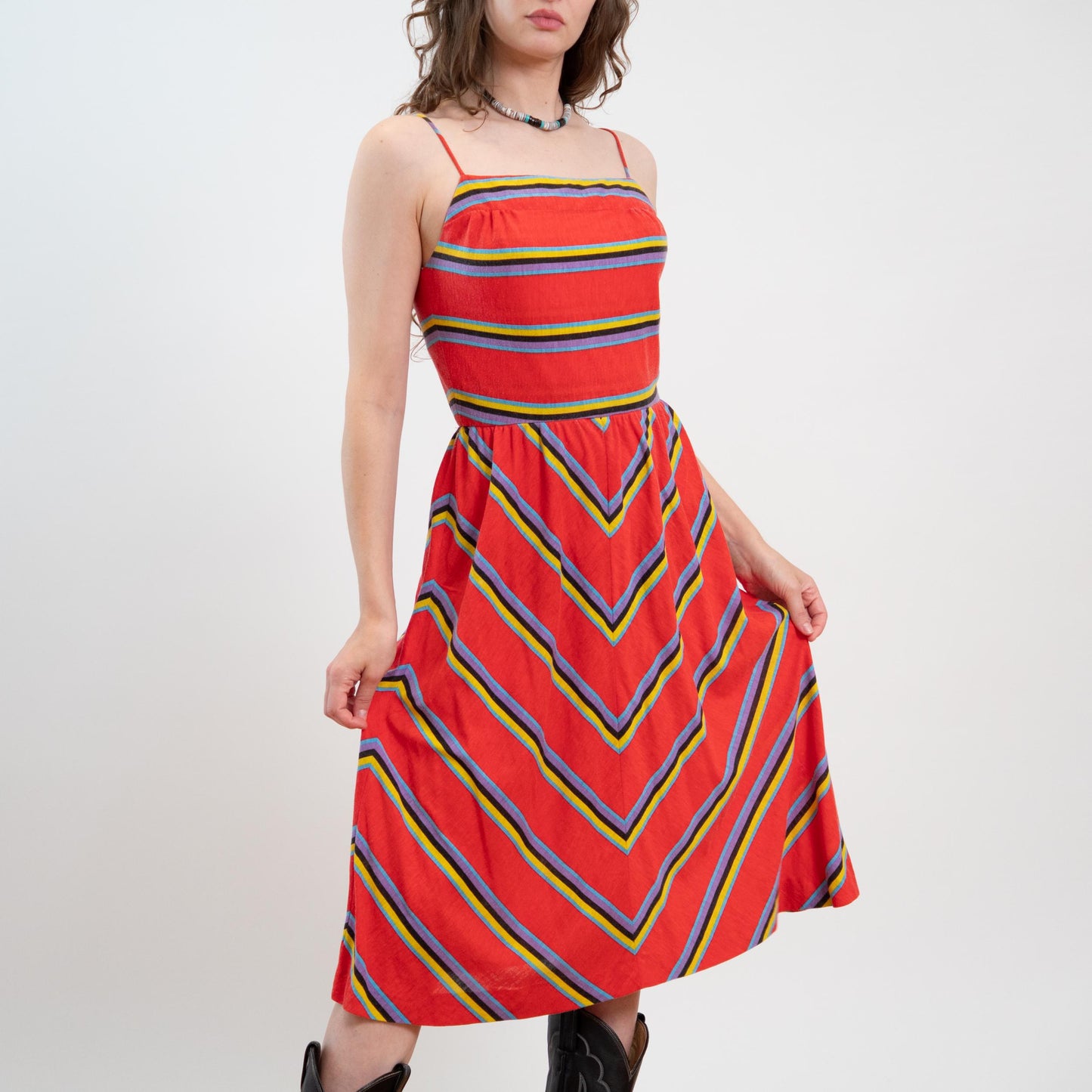 Vintage 70s Red Chevron Striped Low Back Sundress - Medium