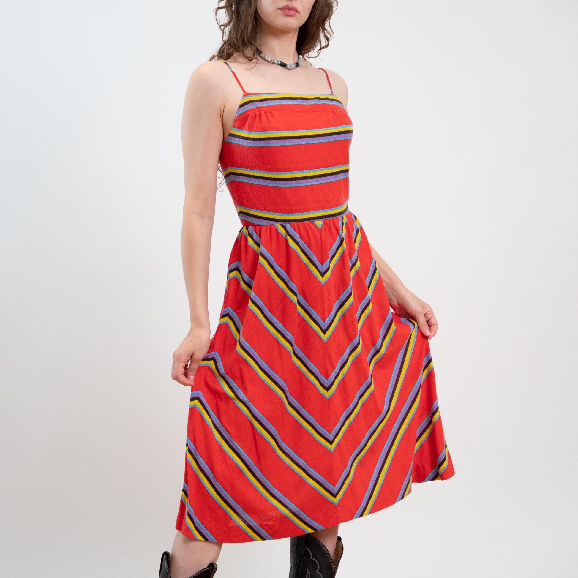 Vintage 70s Red Chevron Striped Low Back Sundress - Medium