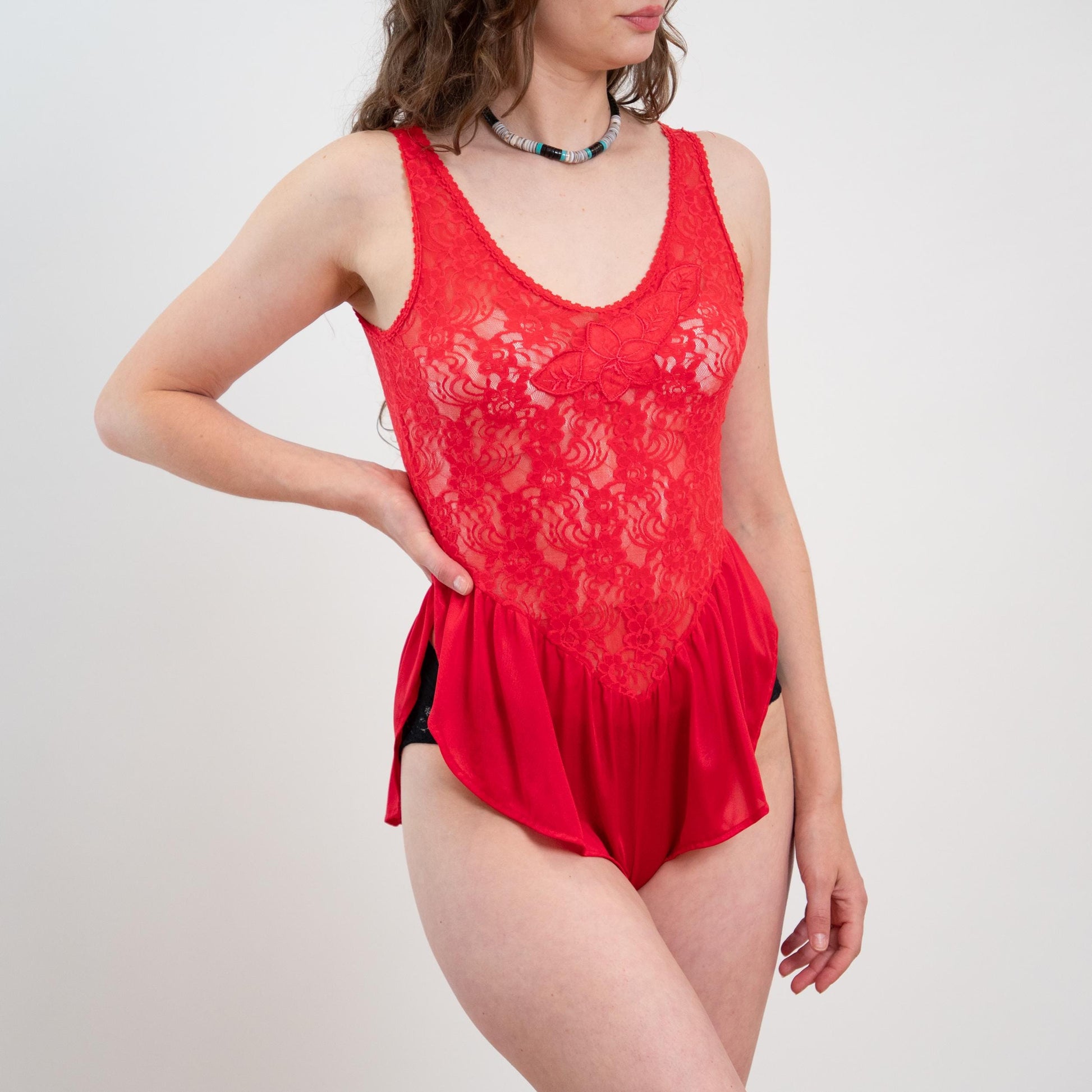 Vintage 80s Red Lace & Satin Floral Teddy - Medium