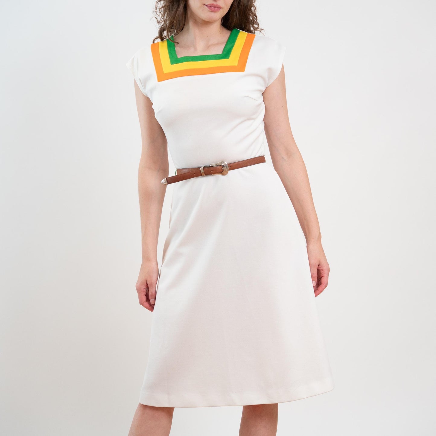 Vintage 70s Mod White Striped Square Neck Midi Dress - Small