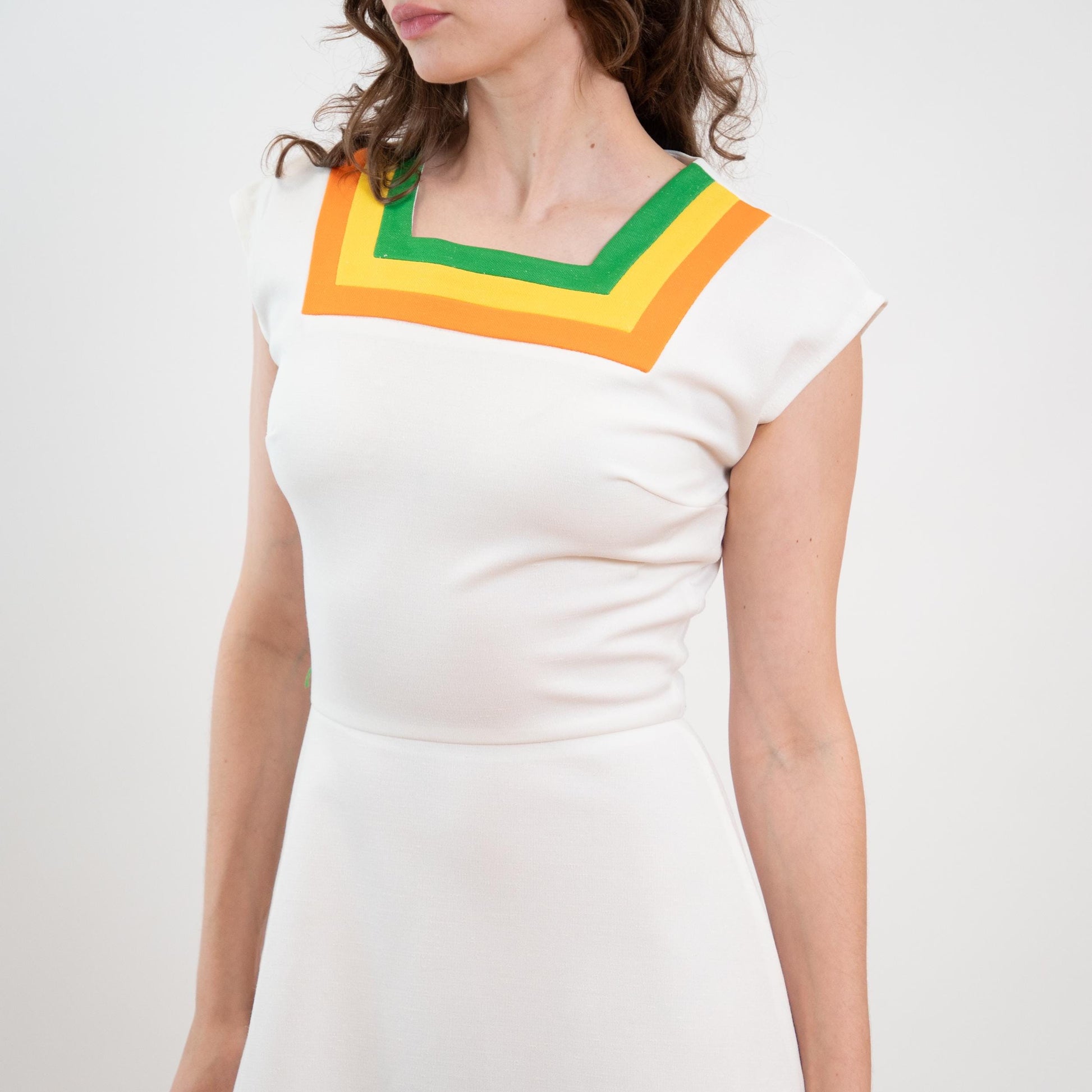 Vintage 70s Mod White Striped Square Neck Midi Dress - Small