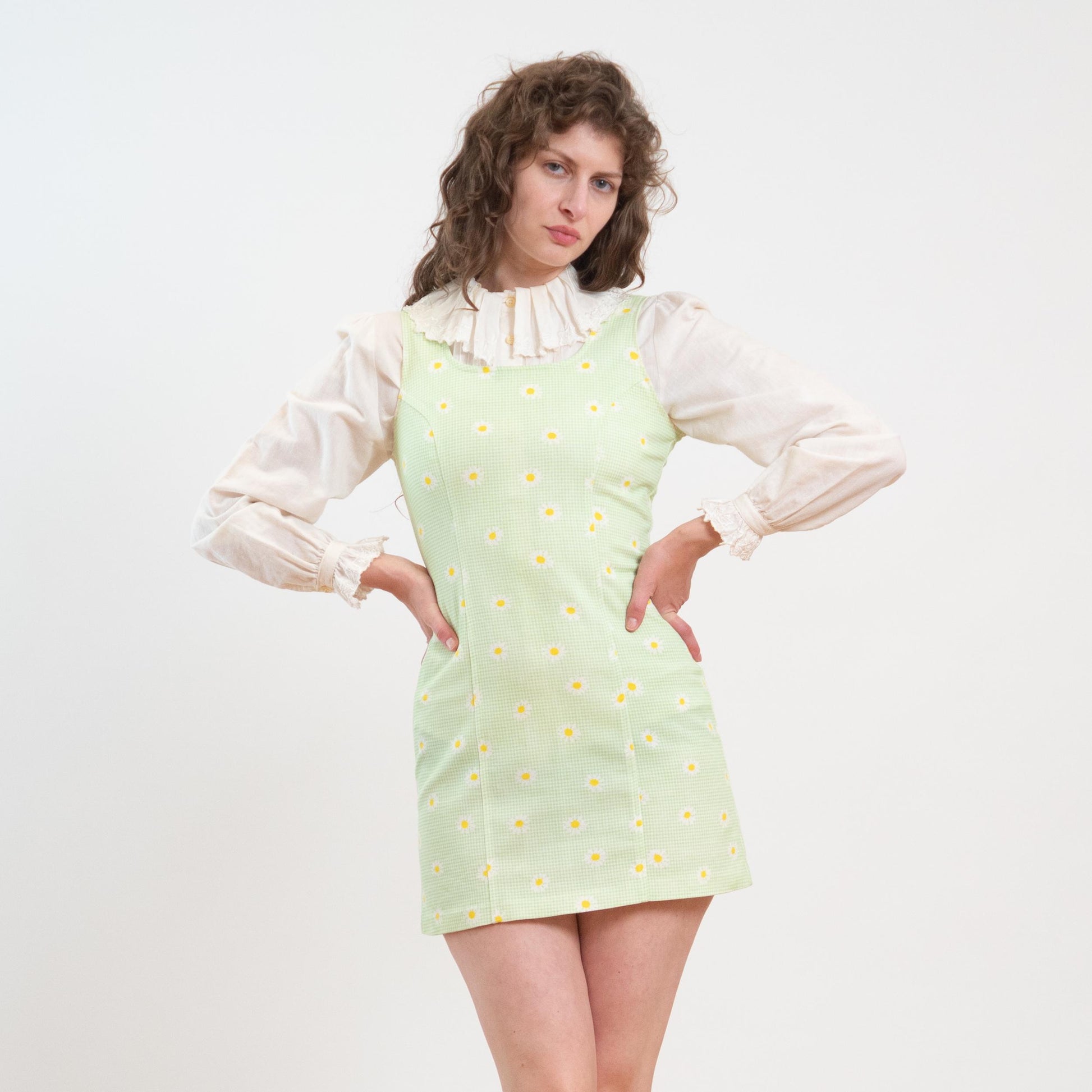 Vintage 90s Mint Green Gingham & Daisy Print Mini Dress - Small