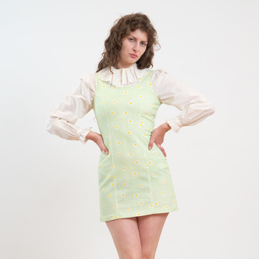 Vintage 90s Mint Green Gingham & Daisy Print Mini Dress - Small