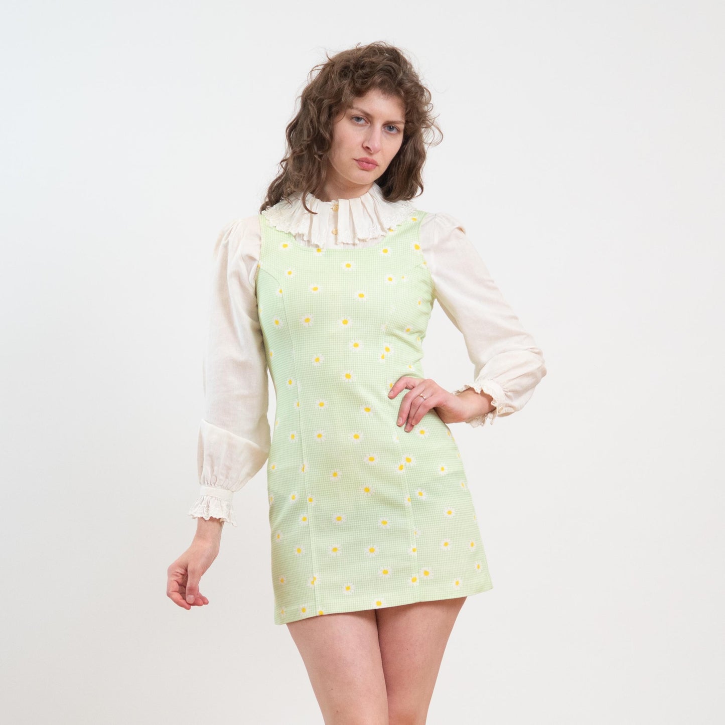 Vintage 90s Mint Green Gingham & Daisy Print Mini Dress - Small