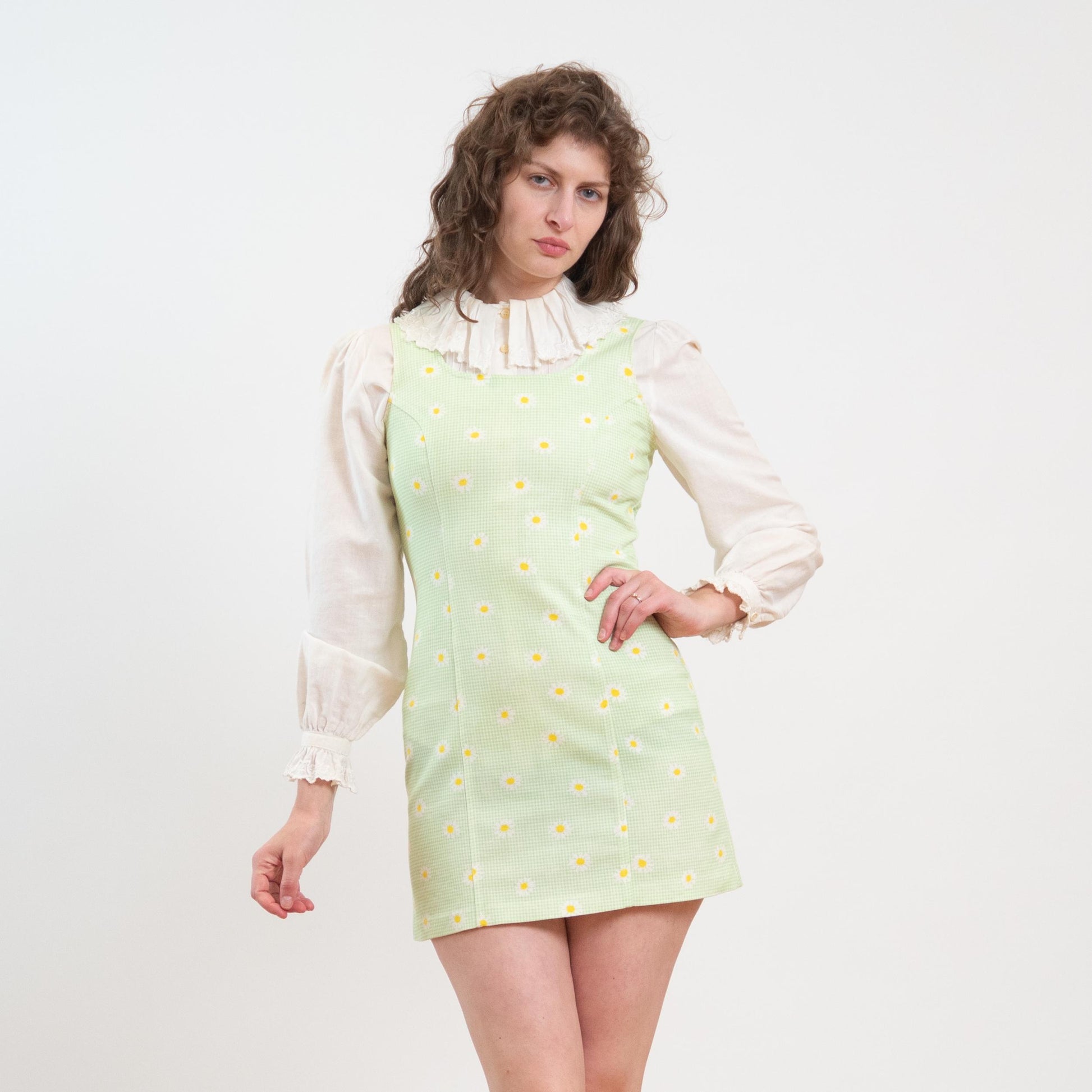 Vintage 90s Mint Green Gingham & Daisy Print Mini Dress - Small