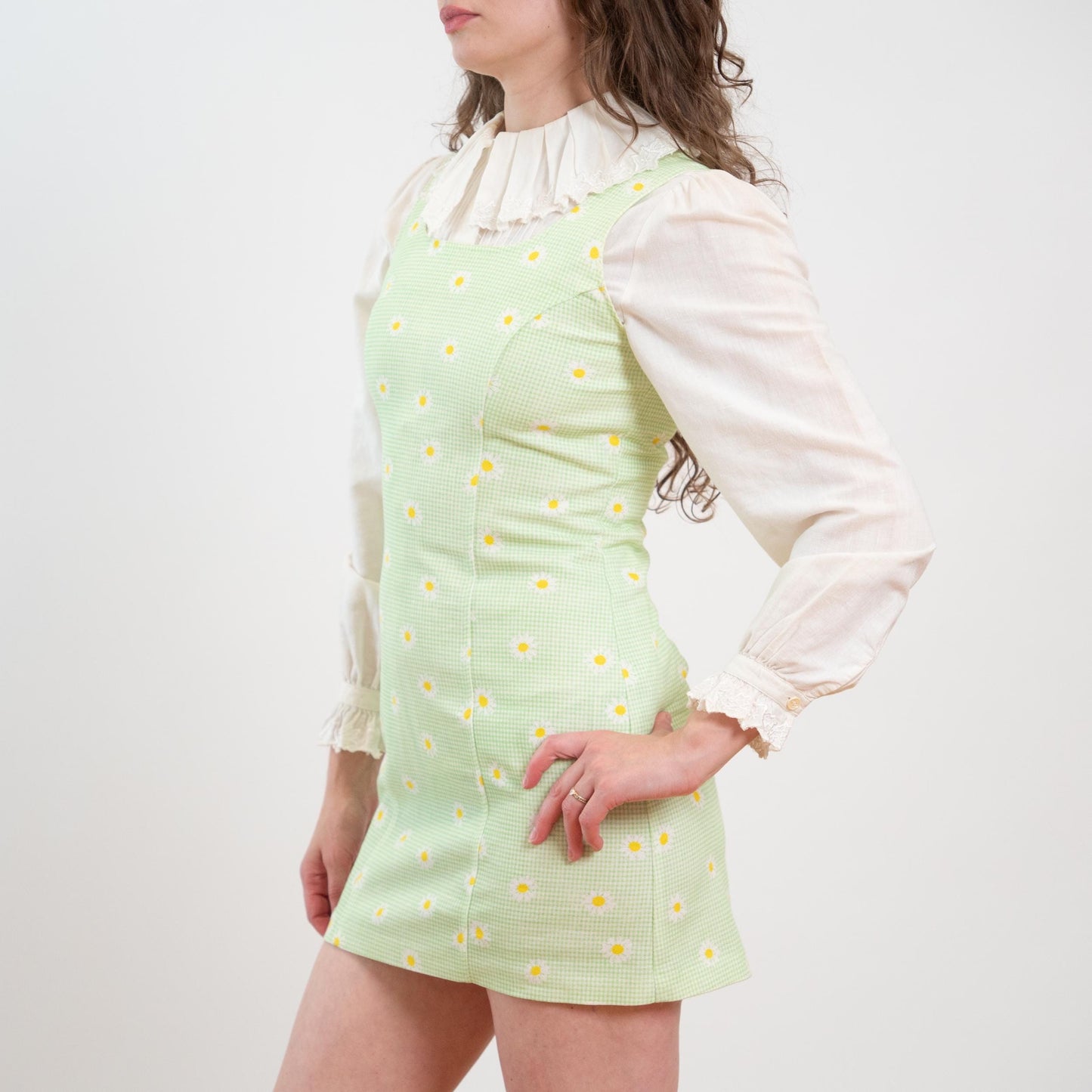 Vintage 90s Mint Green Gingham & Daisy Print Mini Dress - Small