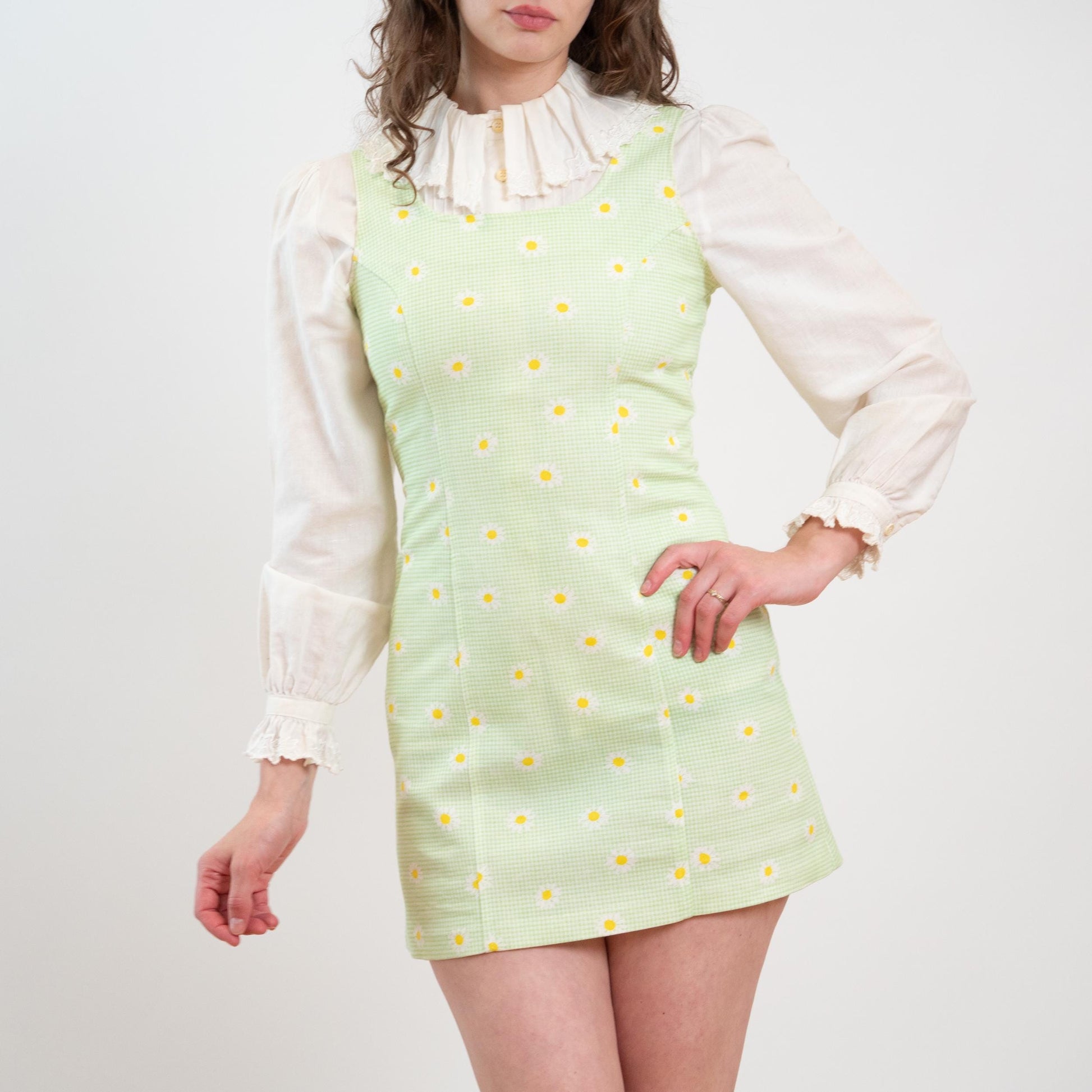 Vintage 90s Mint Green Gingham & Daisy Print Mini Dress - Small