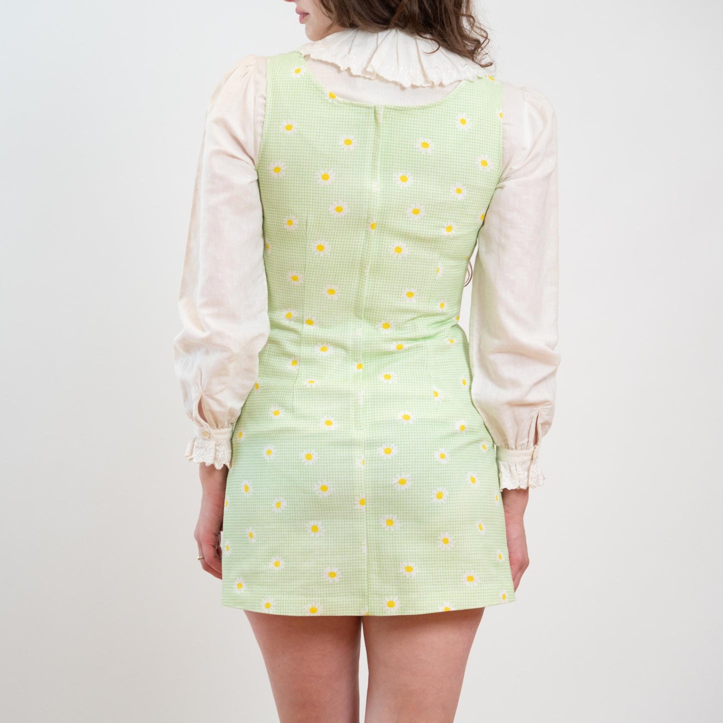 Vintage 90s Mint Green Gingham & Daisy Print Mini Dress - Small