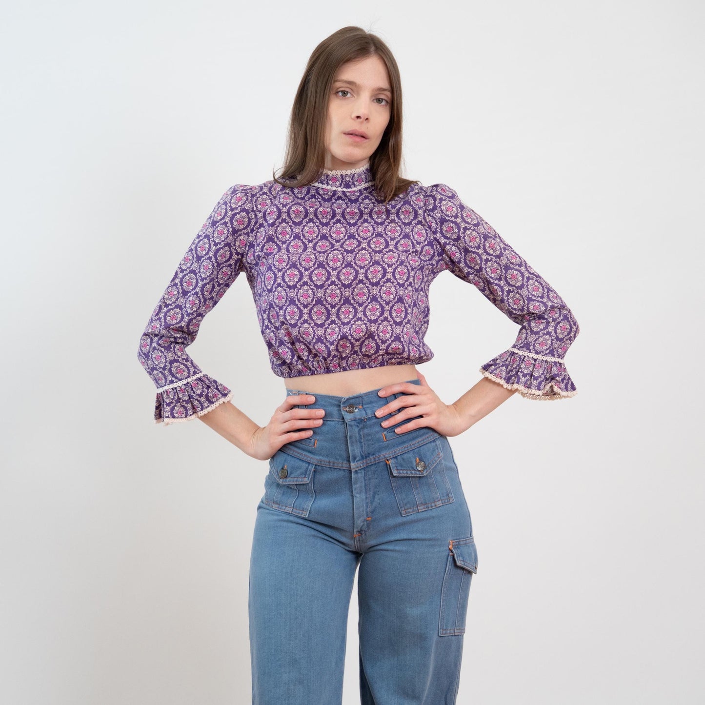 Vintage 60s 70s Purple Baroque Floral Crop Top - Extra Small