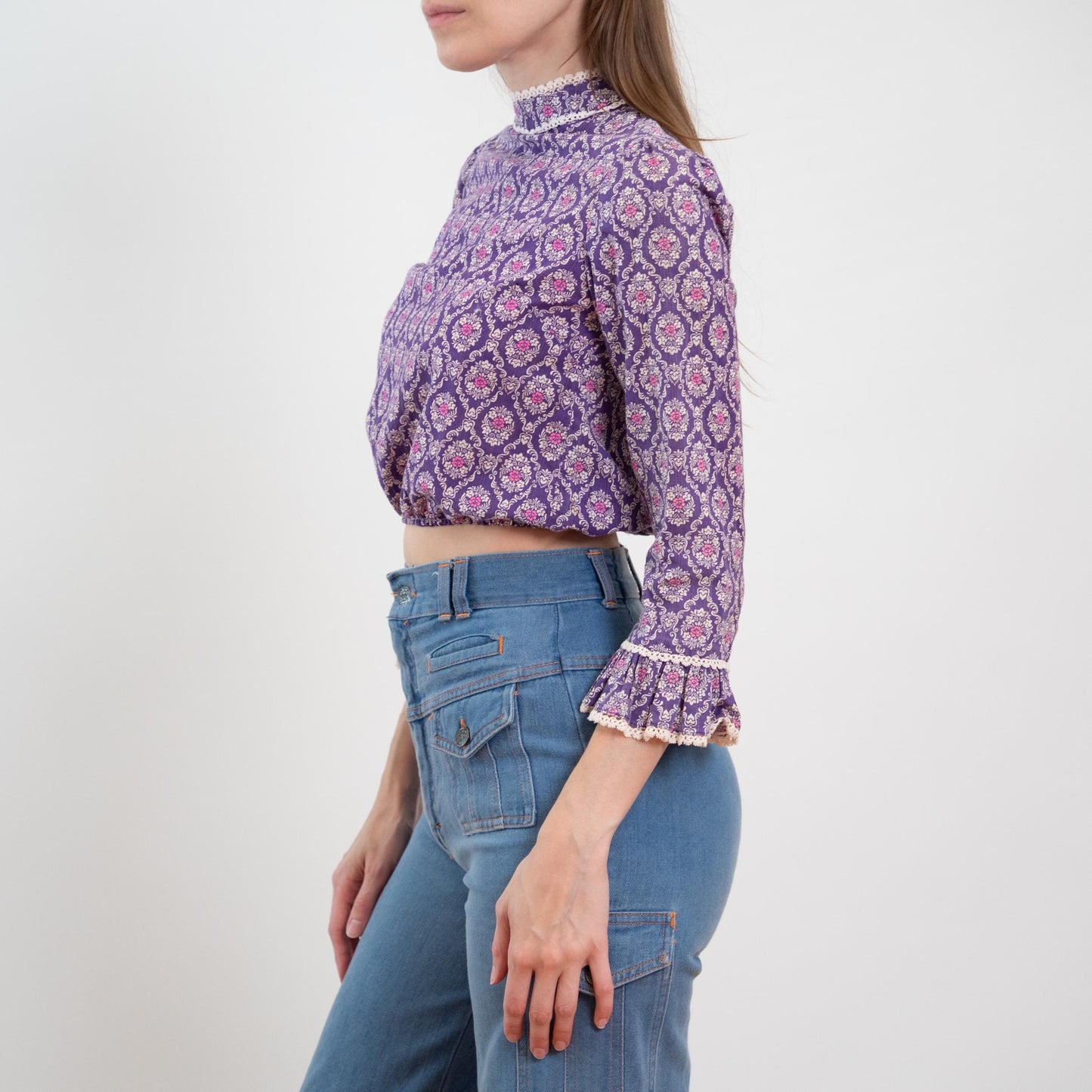 Vintage 60s 70s Purple Baroque Floral Crop Top - Extra Small