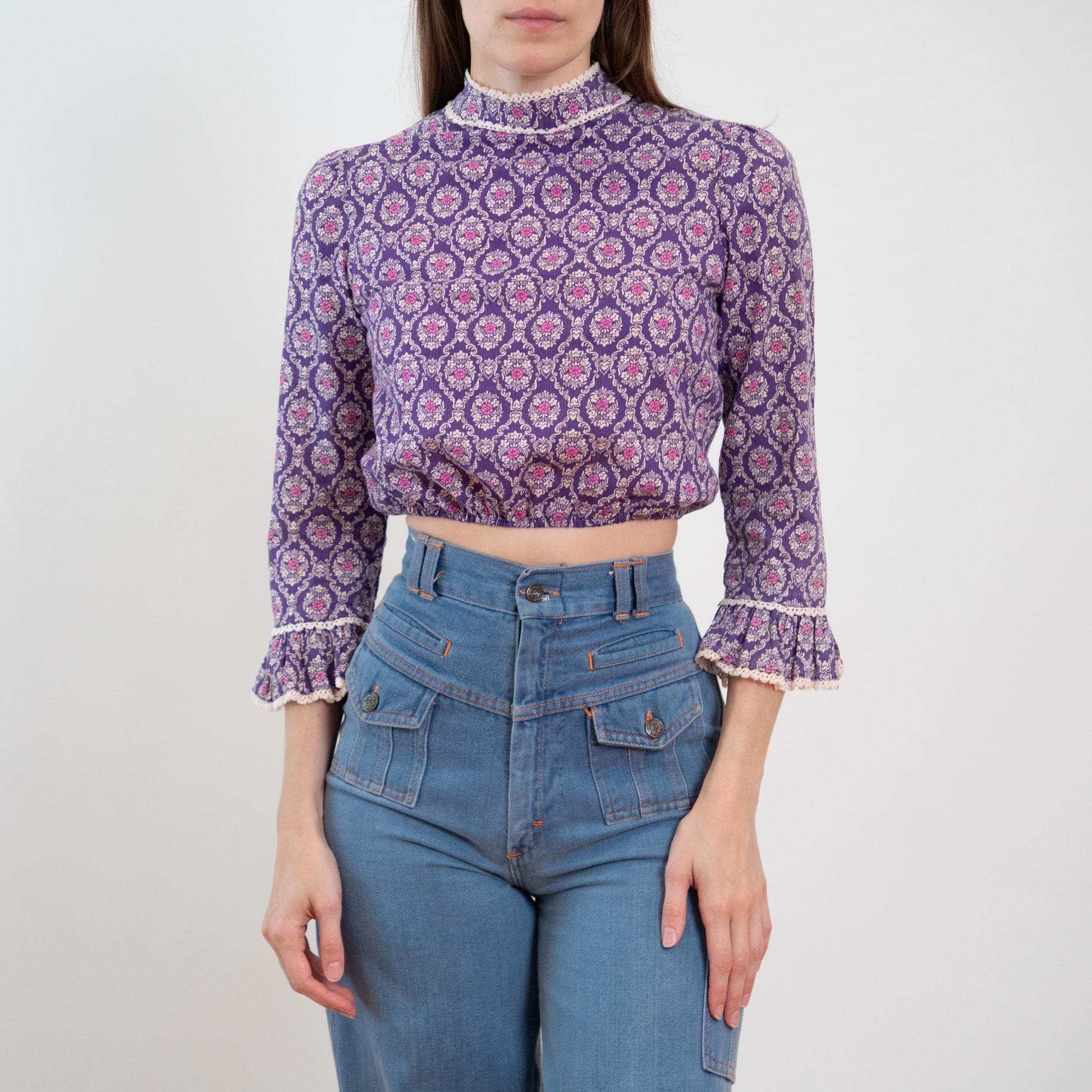 Vintage 60s 70s Purple Baroque Floral Crop Top - Extra Small